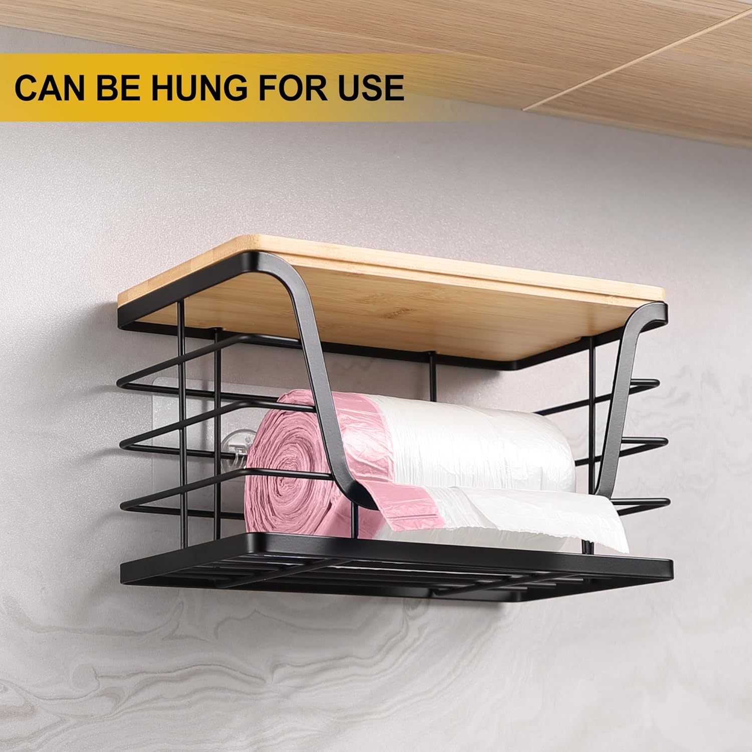 ALOCEO 2 Pack Storage Stackable Kitchen Laundry Organizers with Bamboo Top, Large Trash Bag Holder