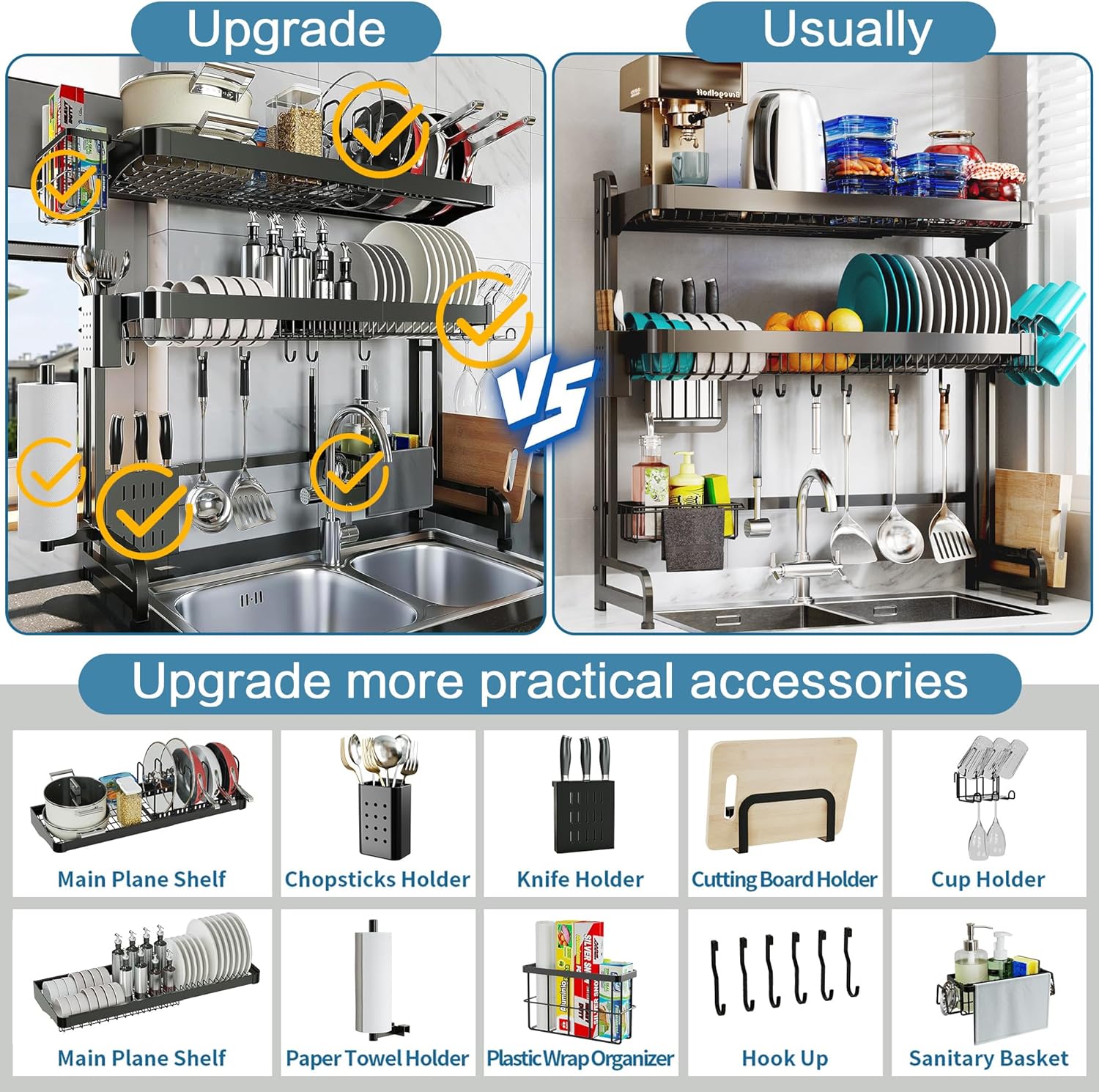 Over The Sink Dish Drying Rack,3 Tier Adjustable Length Full Stainless Steel Large Storage Kitchen