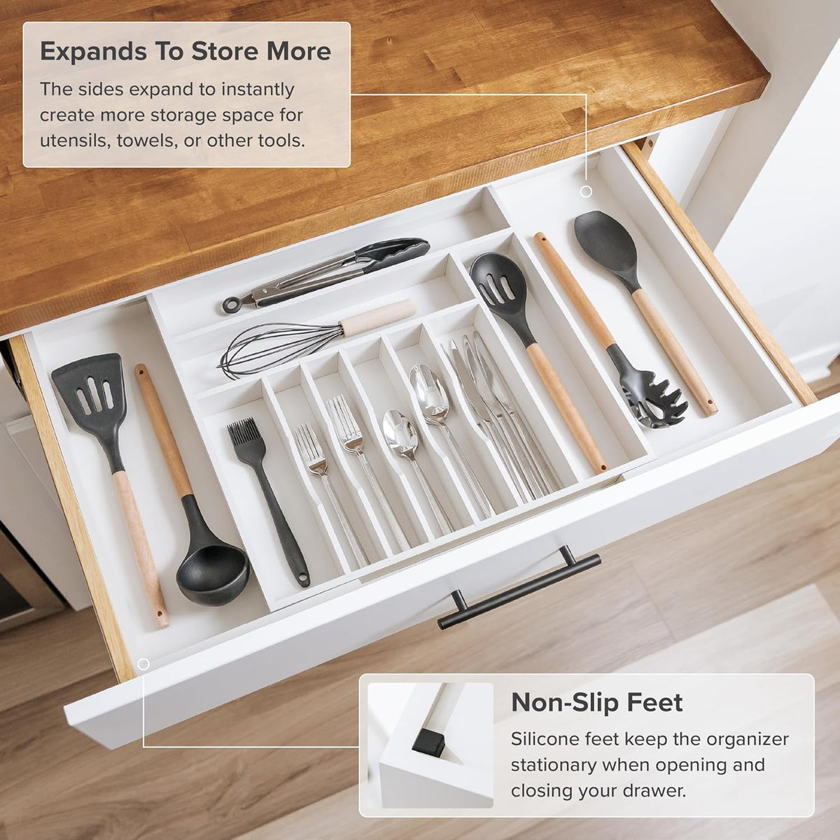 KitchenEdge Premium Silverware, Flatware and Utensil Organizer for Kitchen Drawers, Food-Safe