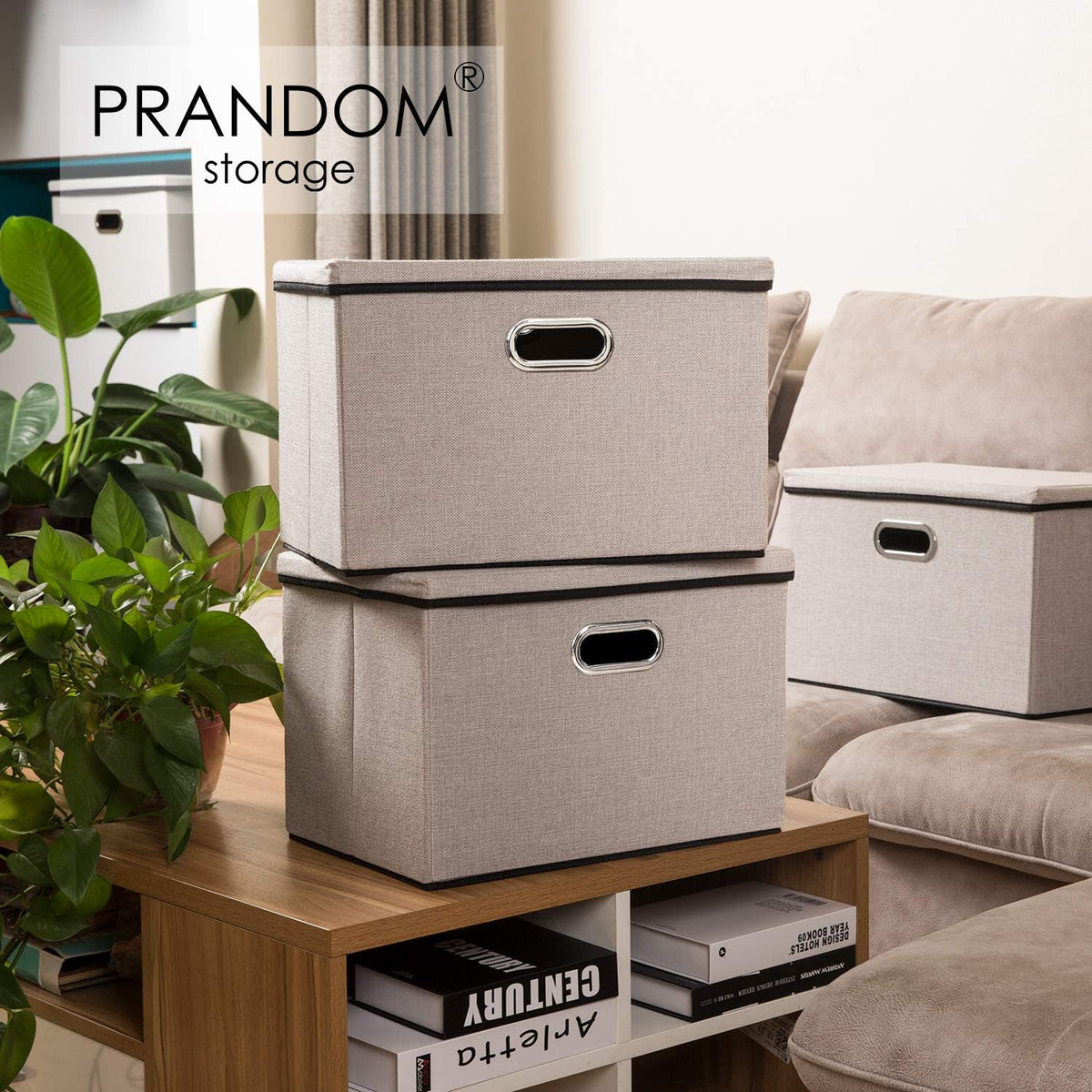 PRANDOM Large Foldable Storage Bin with Lid [1-Pack] Linen Fabric Decorative Storage Box Organizer