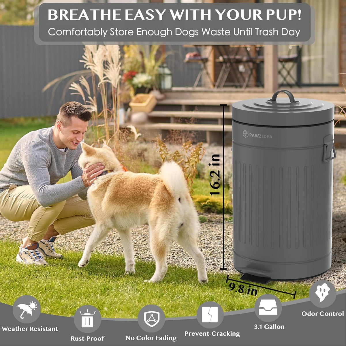 PAWZIDEA Dog Poop Trash Can Outside Odor Control, 3.1Gallon Large Pet Poop Can Outdoor with Lid No