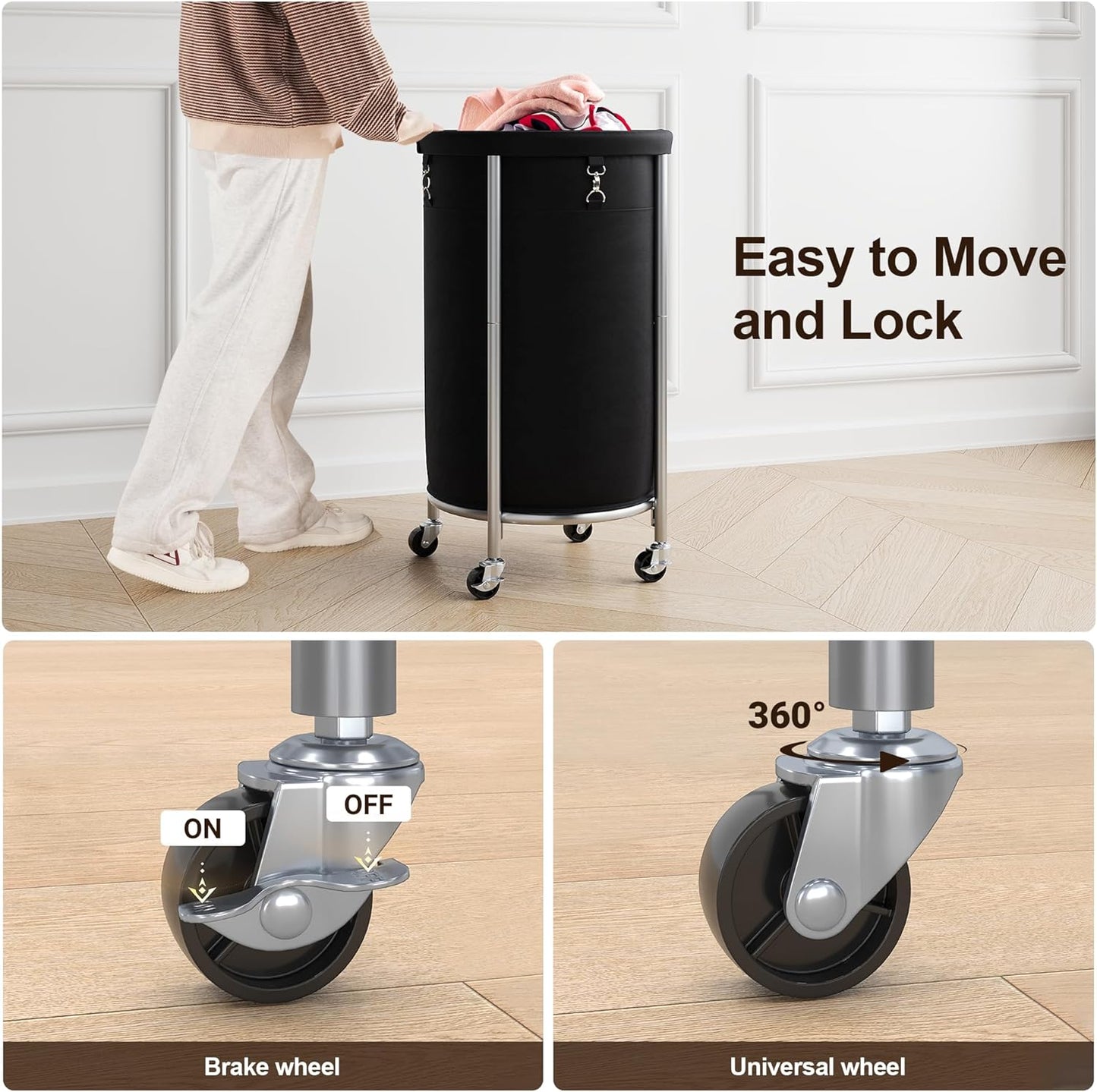 ELYKEN Laundry Hamper with Wheels, 110L Rolling Laundry Basket, Round Laundry Cart with Steel Frame