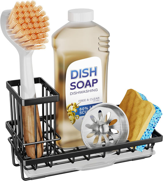 SWTYMIKI Sink Caddy Sponge Holder - Kitchen Sink Organizer with High Brush Holder for Countertop to