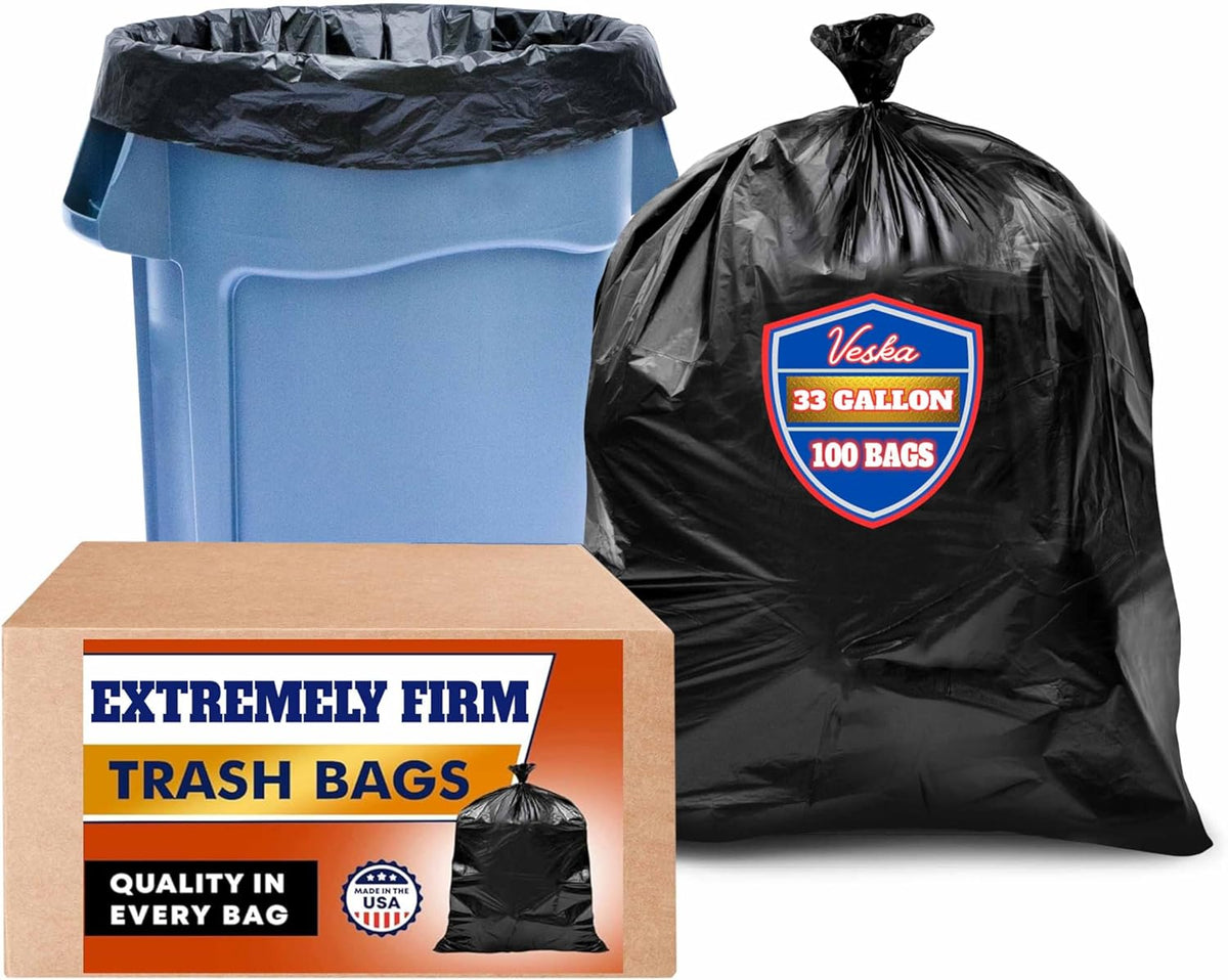 Veska 33 Gallon Trash Bags, (Huge 100 Bags w/Ties) Large Black Garbage Bags 30 Gallon, 32 Gallon