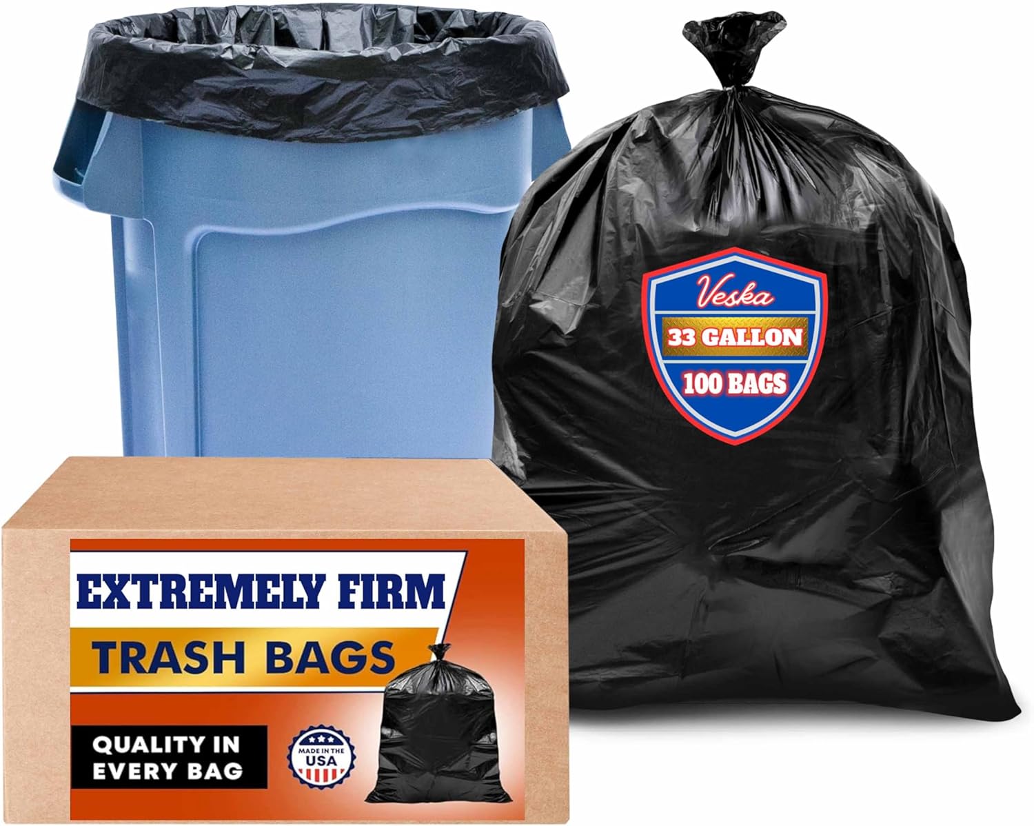 Veska 33 Gallon Trash Bags, (Huge 100 Bags w/Ties) Large Black Garbage Bags 30 Gallon, 32 Gallon