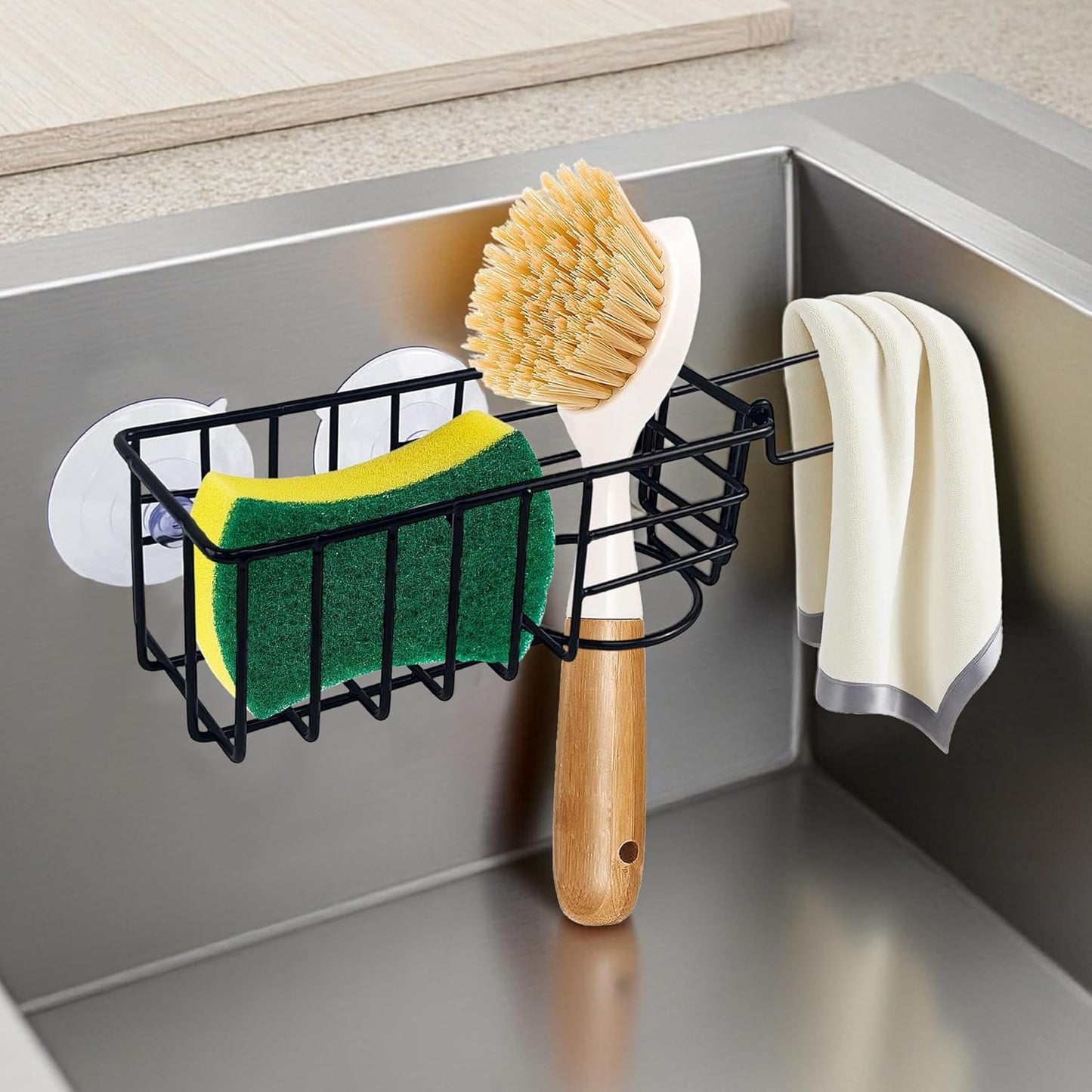 Sponge Holder with Dish Cloth Hanger for Kitchen Sink, In-sink Caddy Organizer with Suction Cups &