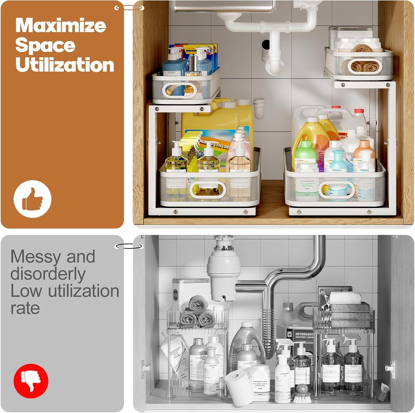 2 Pack 19.3IN-Depth Under Sink Organizer with Smooth Cylindrical Rail,2-Tier Pull Out Multi-Purpose