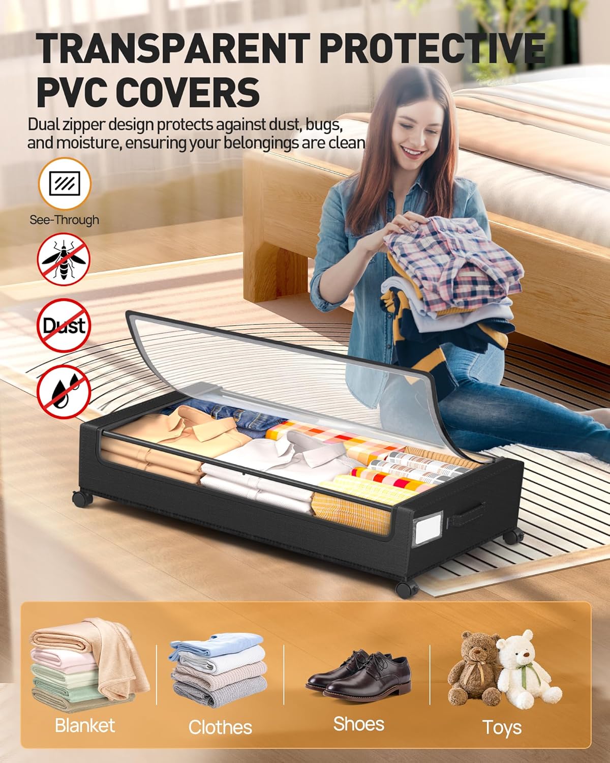 Under Bed Storage With Wheels, 2 Pack Square Containers, 60L Bins, Rolling Metal Drawer for