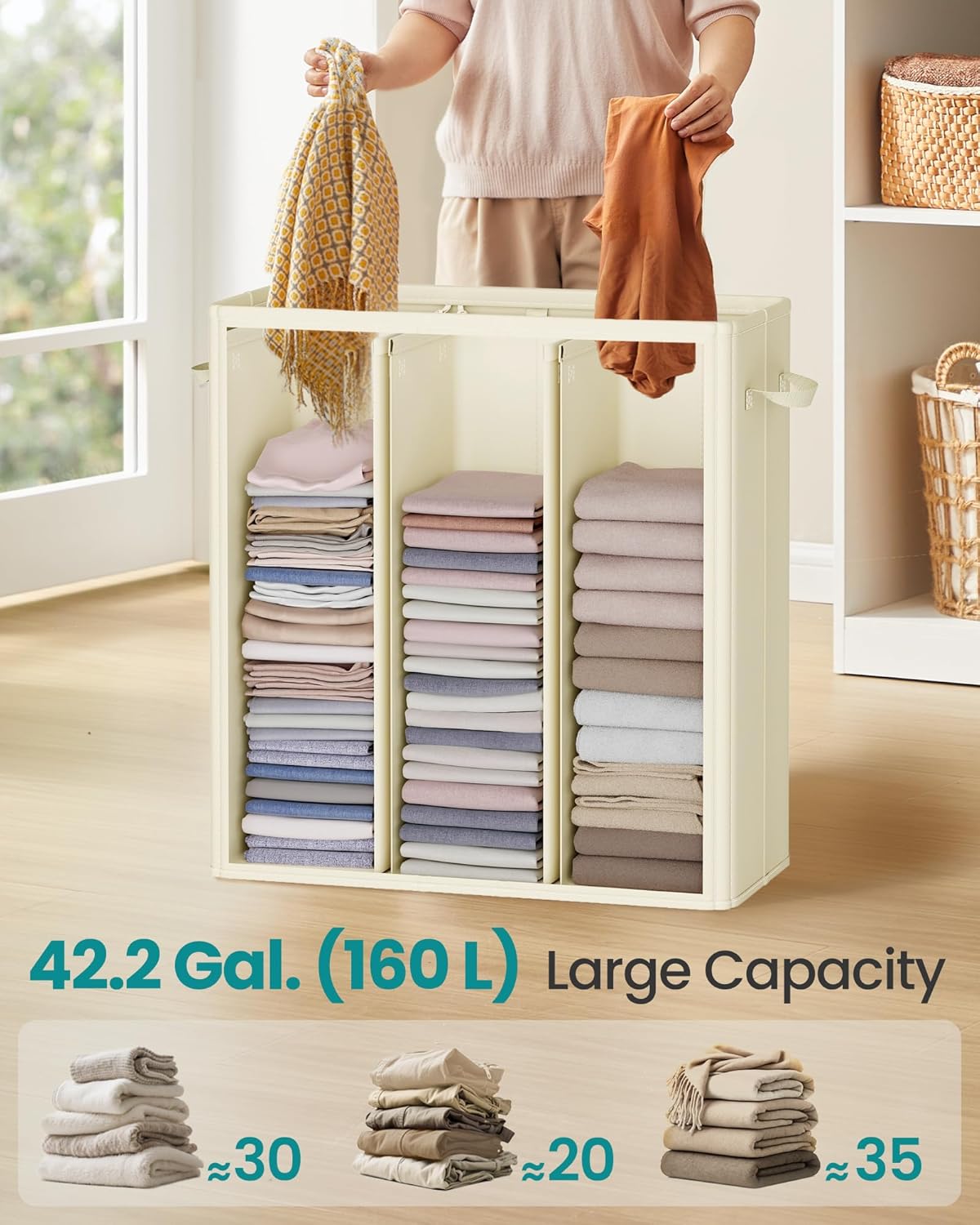 SONGMICS 42.2 Gallon (160 L) Laundry Hamper, 3-Compartment Laundry Basket Sorter with Lid, Labels