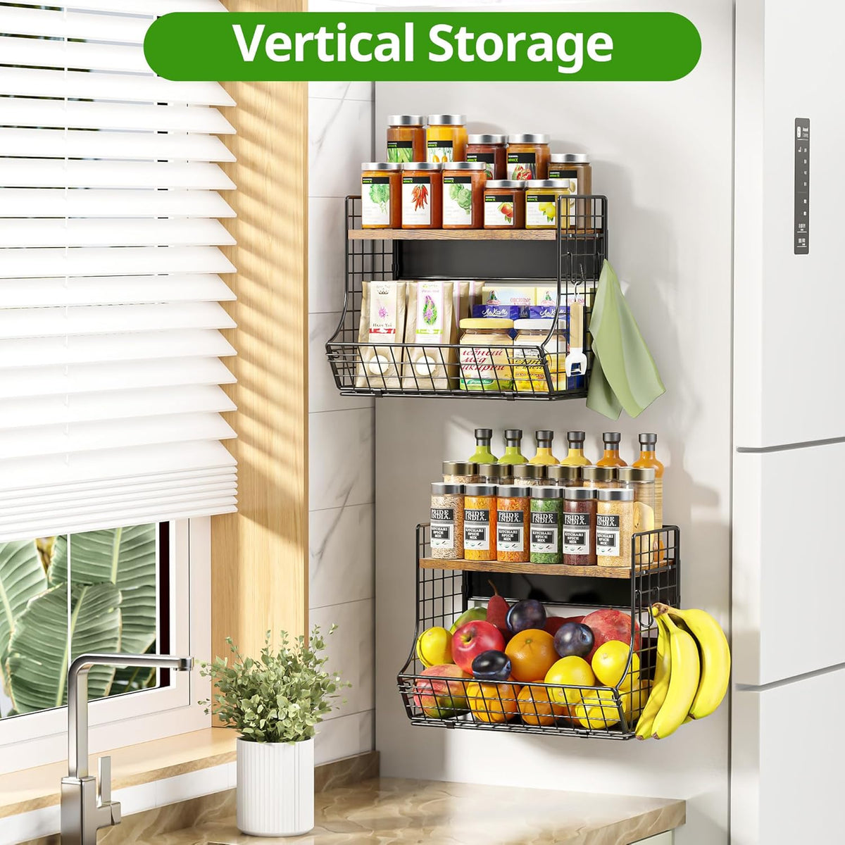 Magnetic Shelf for Fridge with Wood Lid, Fruit Potato and Onion Storage Bins, Pantry Organizers and