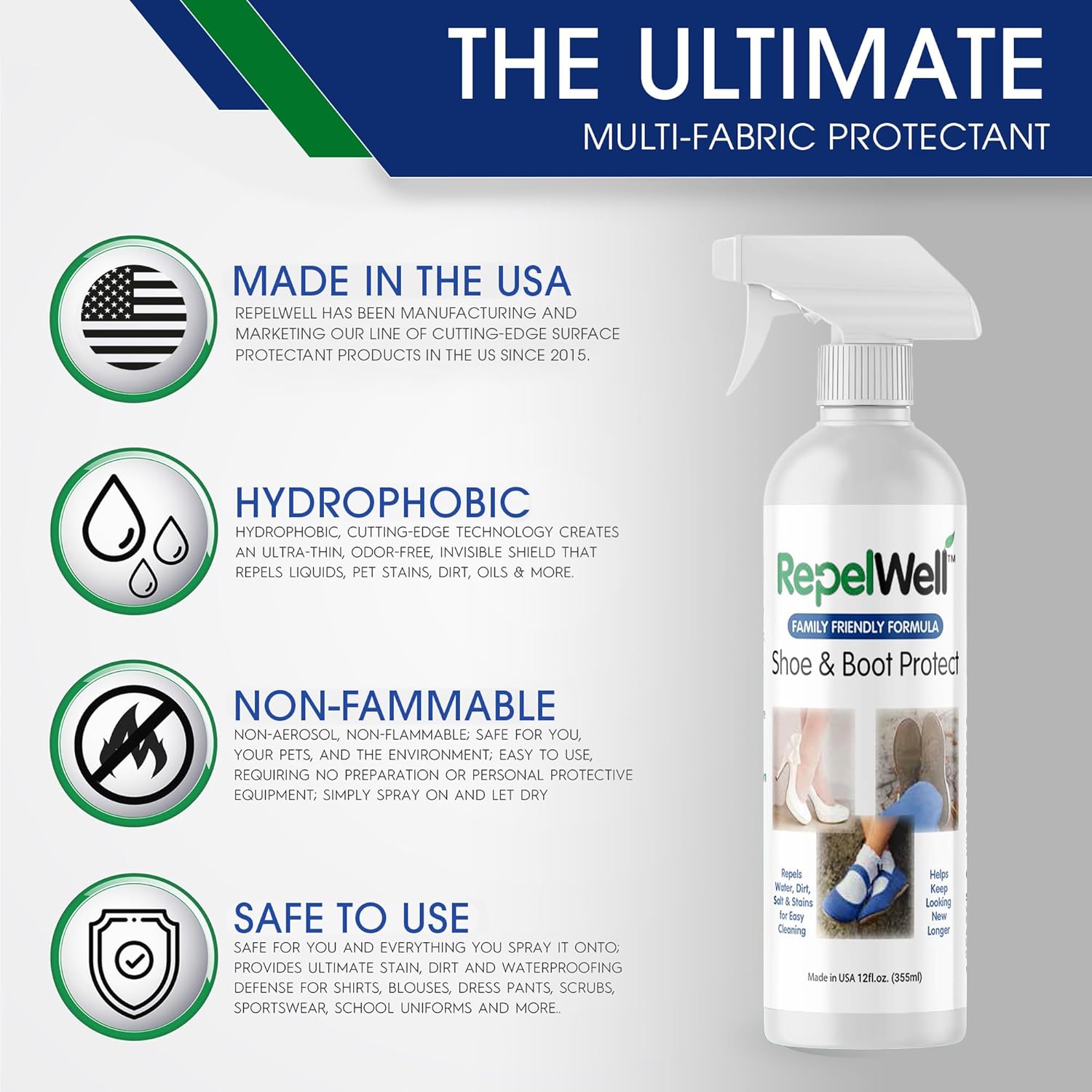Shoe & Boot Stain & Water Repellent (12oz) Eco-Friendly, Pet-Safe Spray Keeps Fabric, Leather &