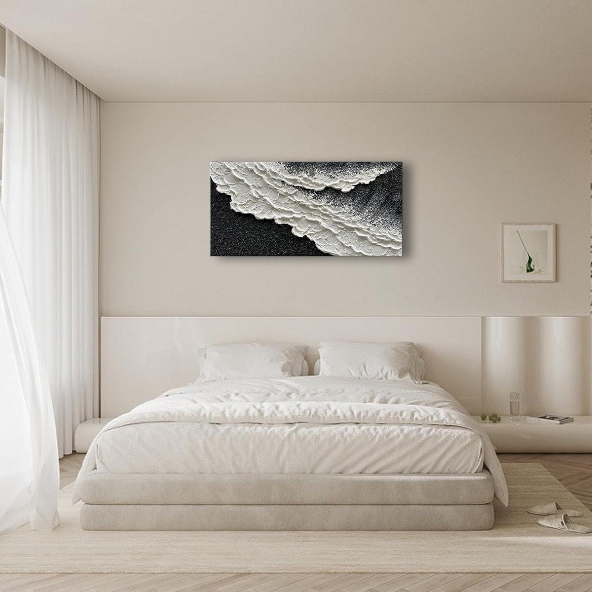 NANKAI 24x48 Inch Hand Painted 3D Ocean Wave Landscape Oil Painting Black and White Abstract Canvas