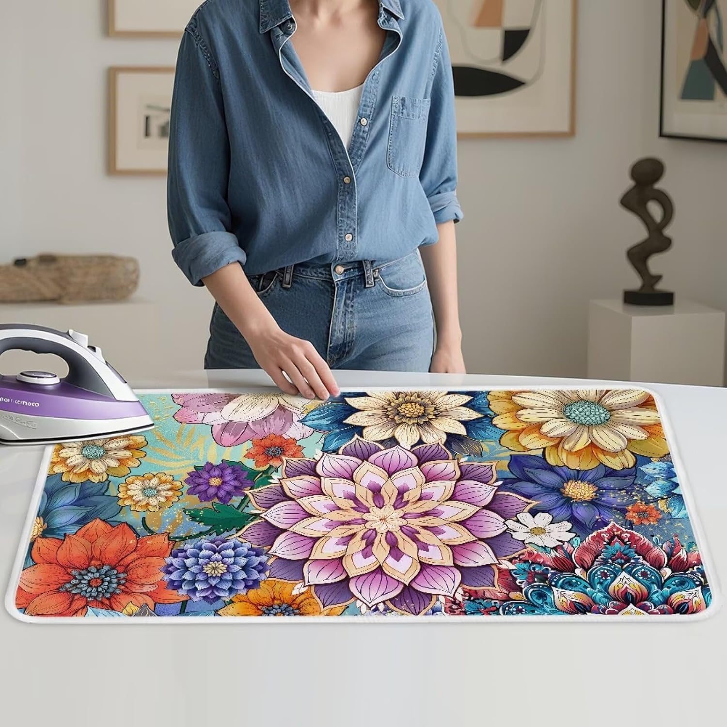 Ironing Mat Boho Flower Portable Ironing Pad Blanket for Table Top Heat Resistance Travel Small 32
