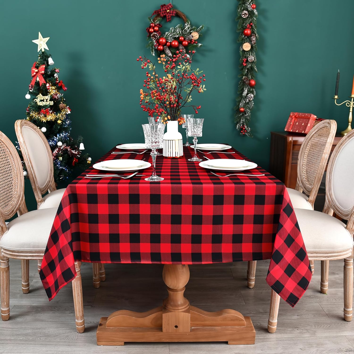 Classic Gingham Buffalo Xmas Tablecloth Fabric - Oblong 58x144 Inch Water Proof Checkered Table