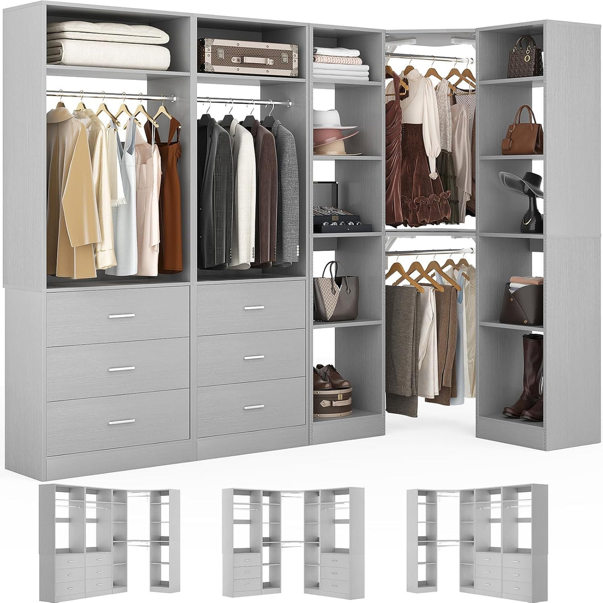 Corner Closet System with 6 Drawers, Closet Organizer System with 14 Shelves & 4 Hanging Rods