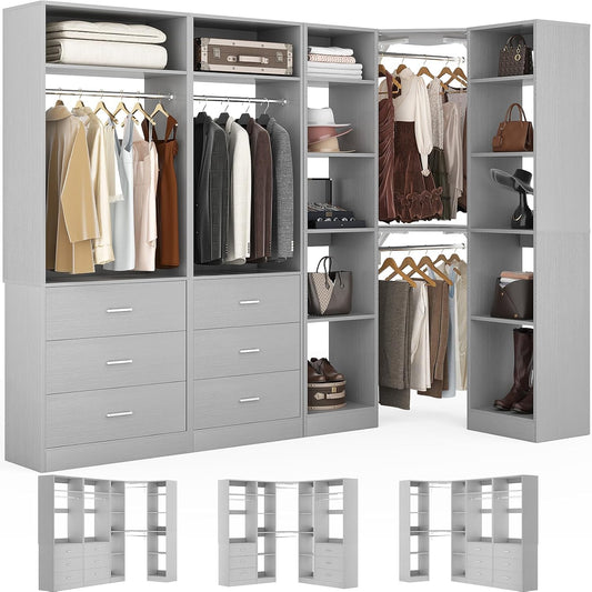 Corner Closet System with 6 Drawers, Closet Organizer System with 14 Shelves & 4 Hanging Rods