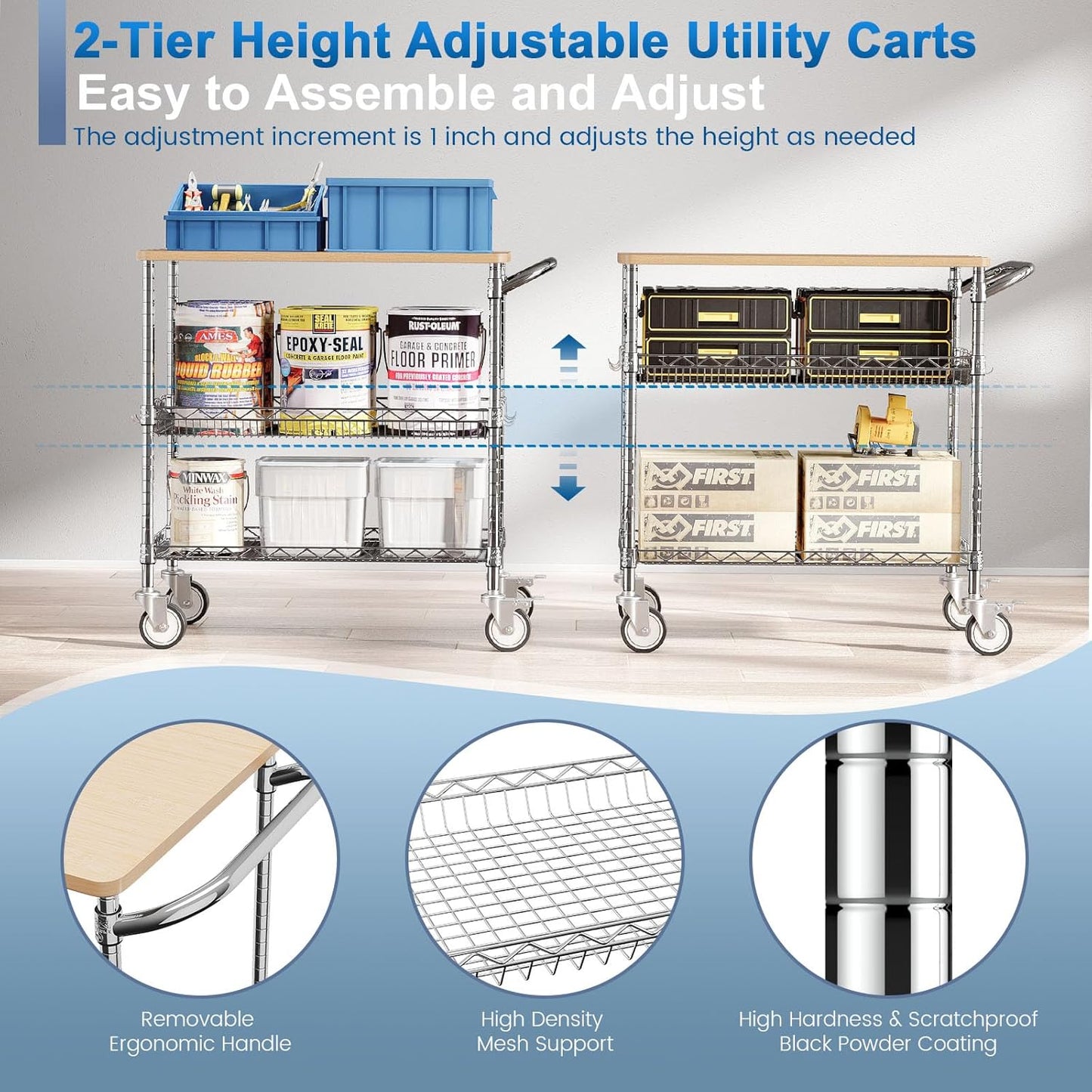 Leteuke Rolling Kitchen Carts with Wheels, 34" L x 17.5" W, 3-Tier Heavy Duty Utility Cart with