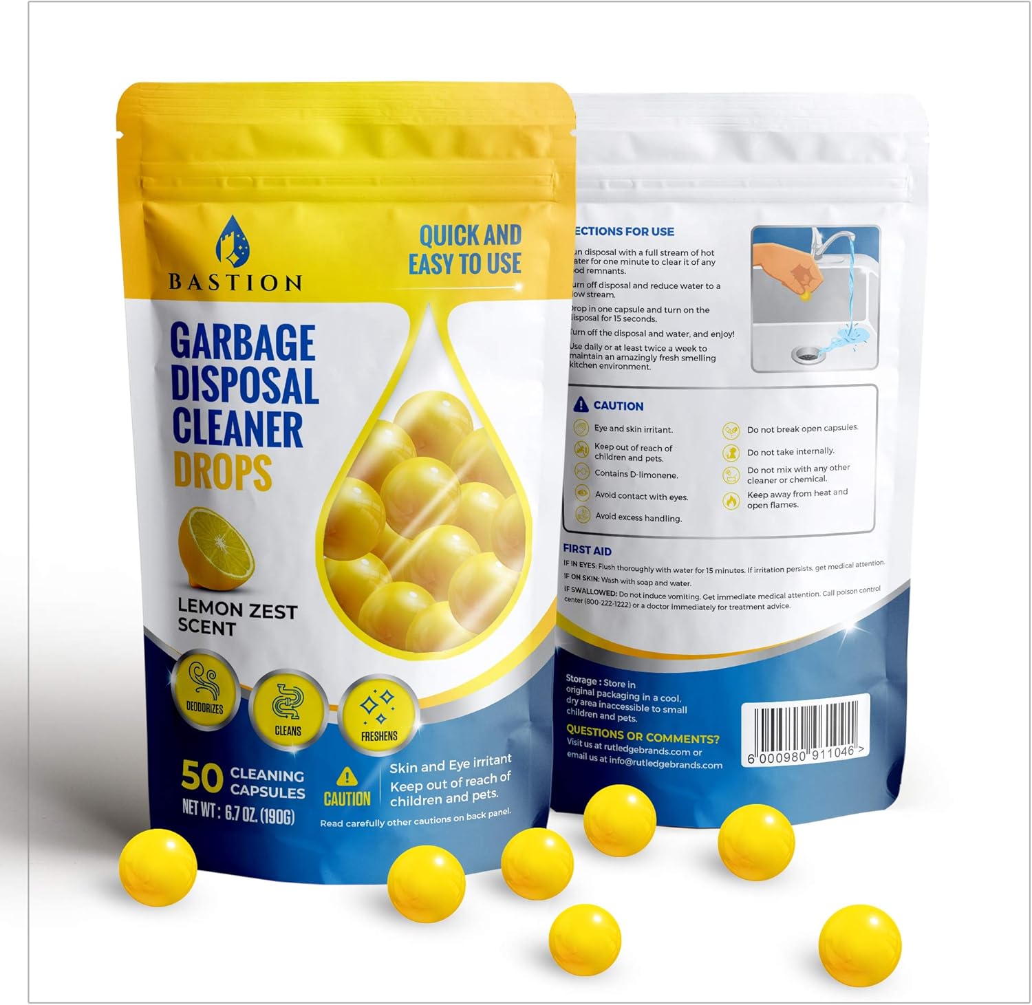 Bastion Garbage Disposal Cleaner and Deodorizer Drops- [[50-Count]] Lemon Zest Scented Kitchen Sink