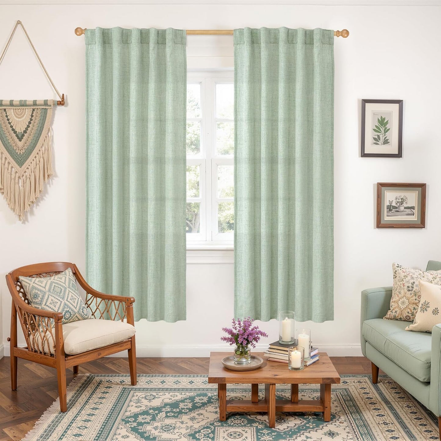 YoungsTex Sage Green Curtains 72 Inch Length for Living Room, Semi Sheer Linen Drapes Light