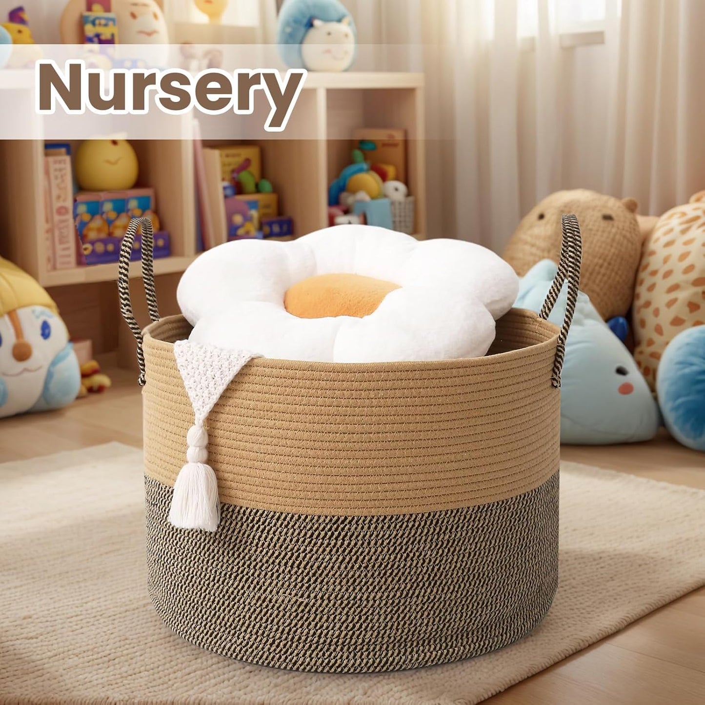 Woven Blanket Basket,115L Large Rope Storage Bin with Handles, Organizer for Blankets Toys Book and