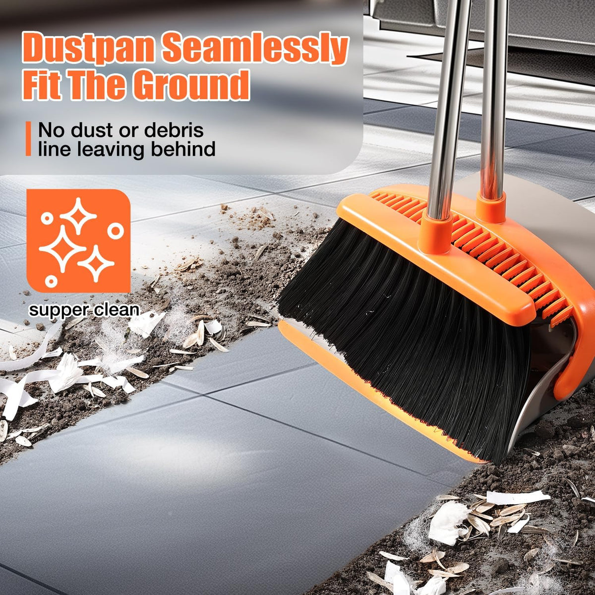 Broom and Dustpan Set, Upgraded Broom with Dustpan Combo Set with 56" Tall Adjustable Handle