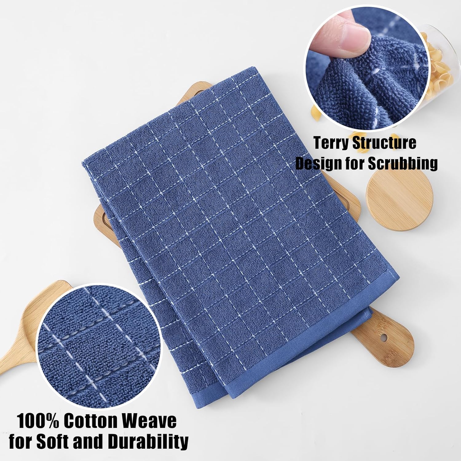 Homaxy 100% Cotton Terry Kitchen Towels(Navy Blue, 20 x 28 inches), Checkered Designed, Soft and