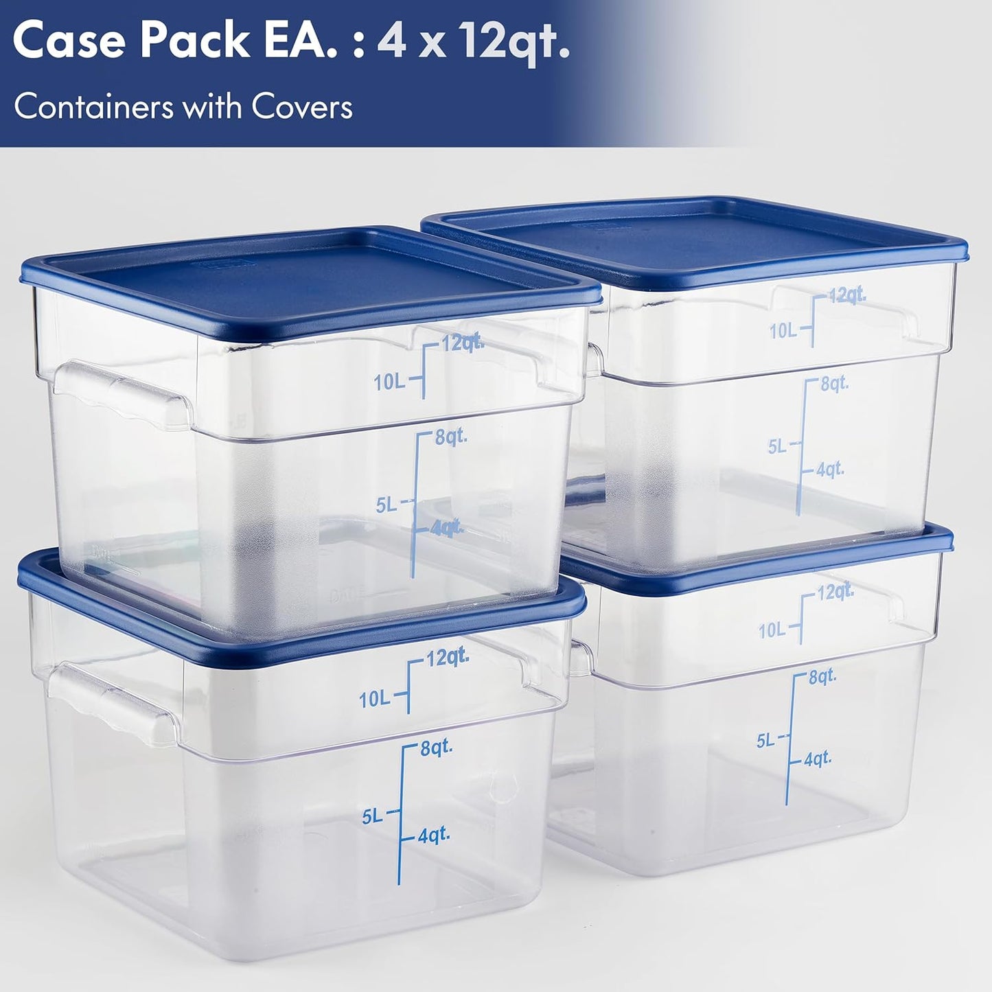 CURTA 4 Pack Food Storage Containers with Blue Lids - NSF Listed Commercial Grade in 12.0 Qt