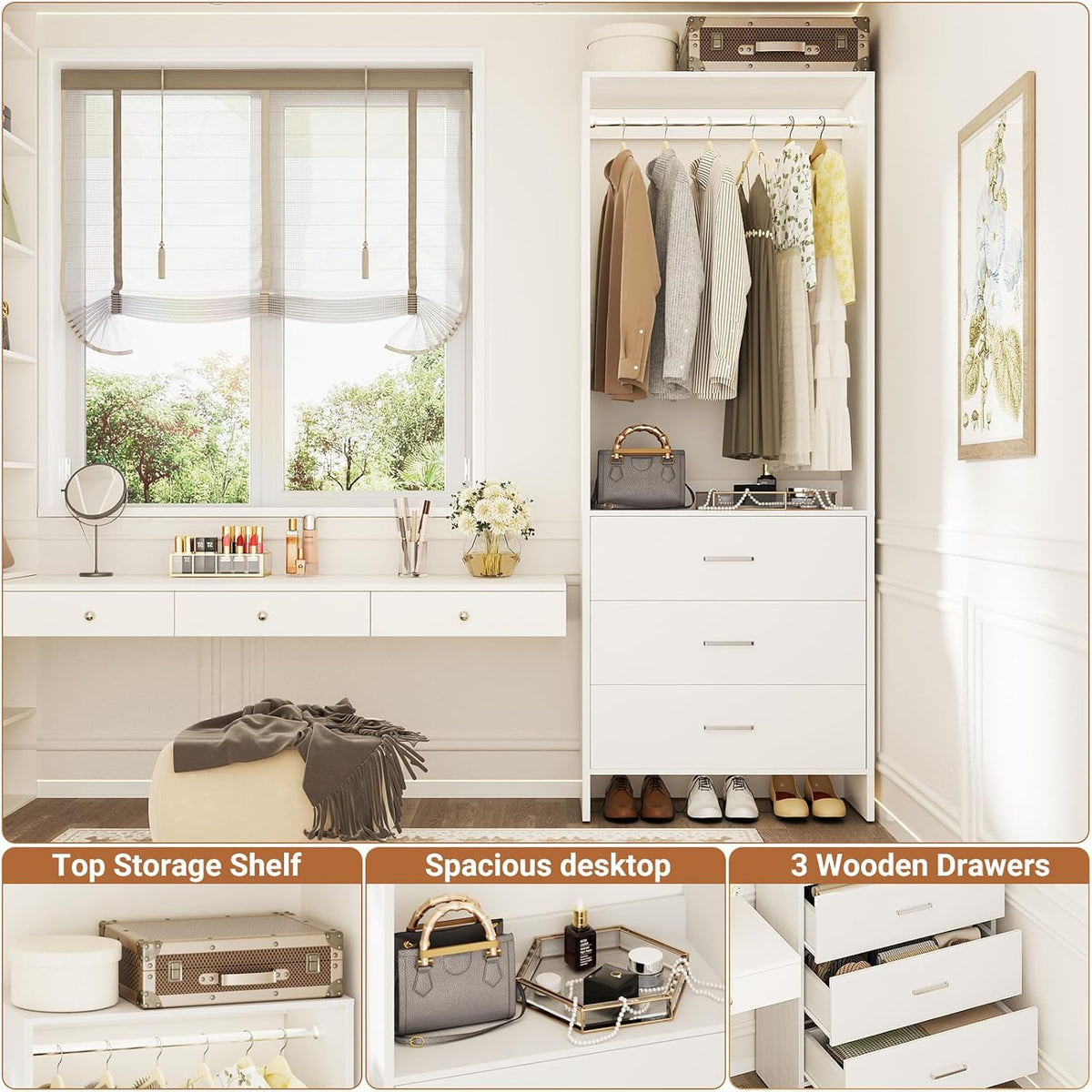 Aheaplus 2FT Closet System with 3 Drawers, 24’’ Closet Organizer, Wood Closet Organizer System