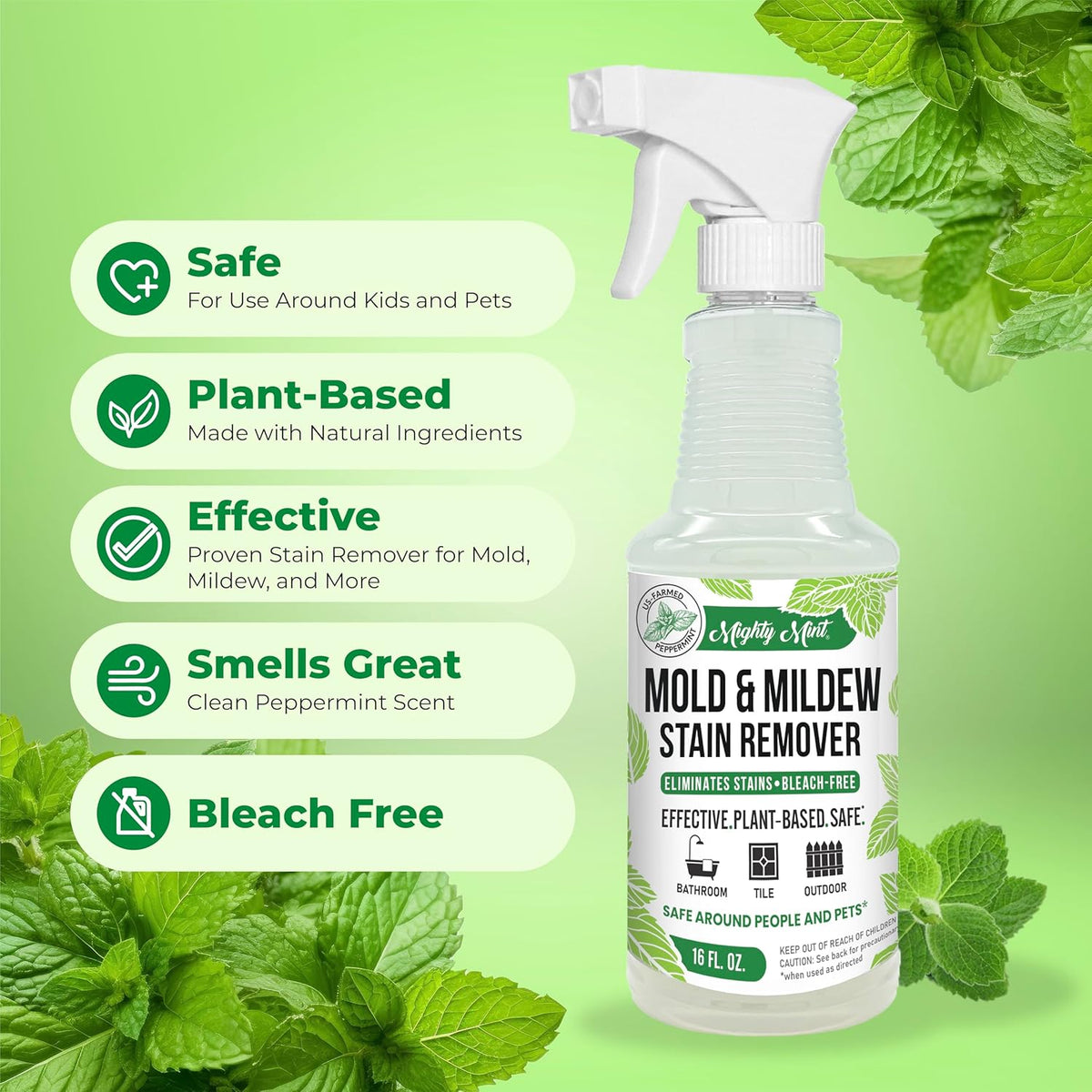 Mighty Mint Mold & Mildew Stain Remover Spray, Rapid Clean for Bathroom, Kitchen, Hard Water