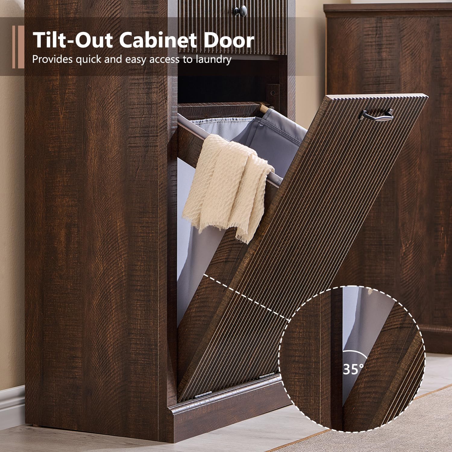 Modern Tilt-Out Trash Can Cabinet, 10 Gallon Fluted Laundry Hamper Cabinet with Drawers, Wooden