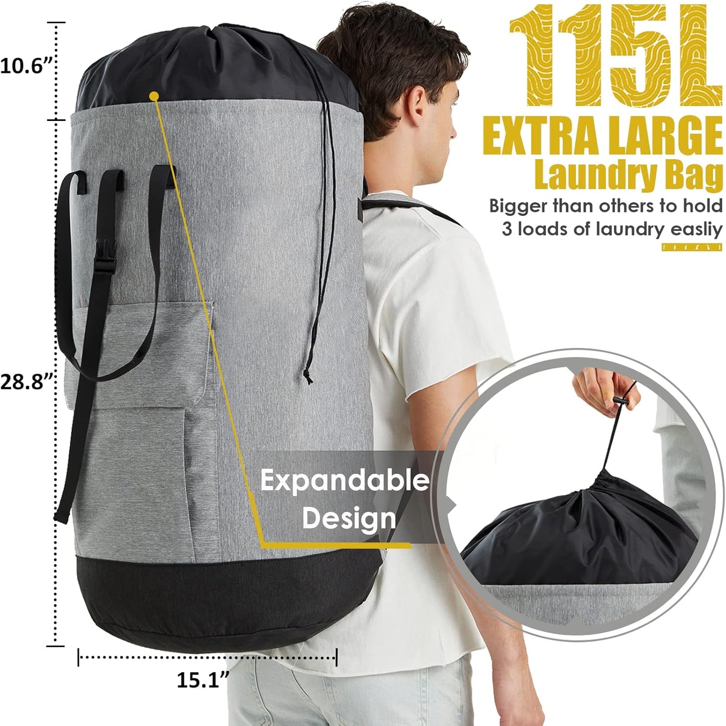 Laundry Bag for College, 115L Heavy Duty Laundry Backpack with Shoulder Straps, Large Dirty Clothes