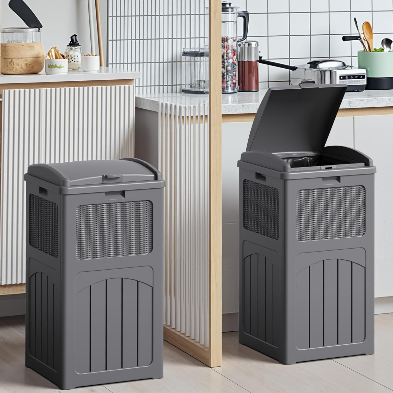 Devoko 33 Gallon Outdoor Trash Can with Dual Lid, Heavy Duty Waterproof Resin Garbage Bins Outside