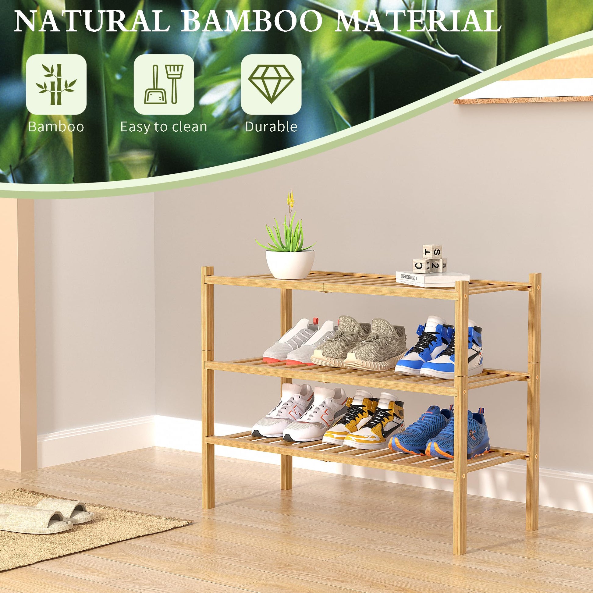 ROMGUAR CRAFT 3 Tier Bamboo Shoe Rack for Closet Free Standing Wood Shoe Shelf Storage Organizer