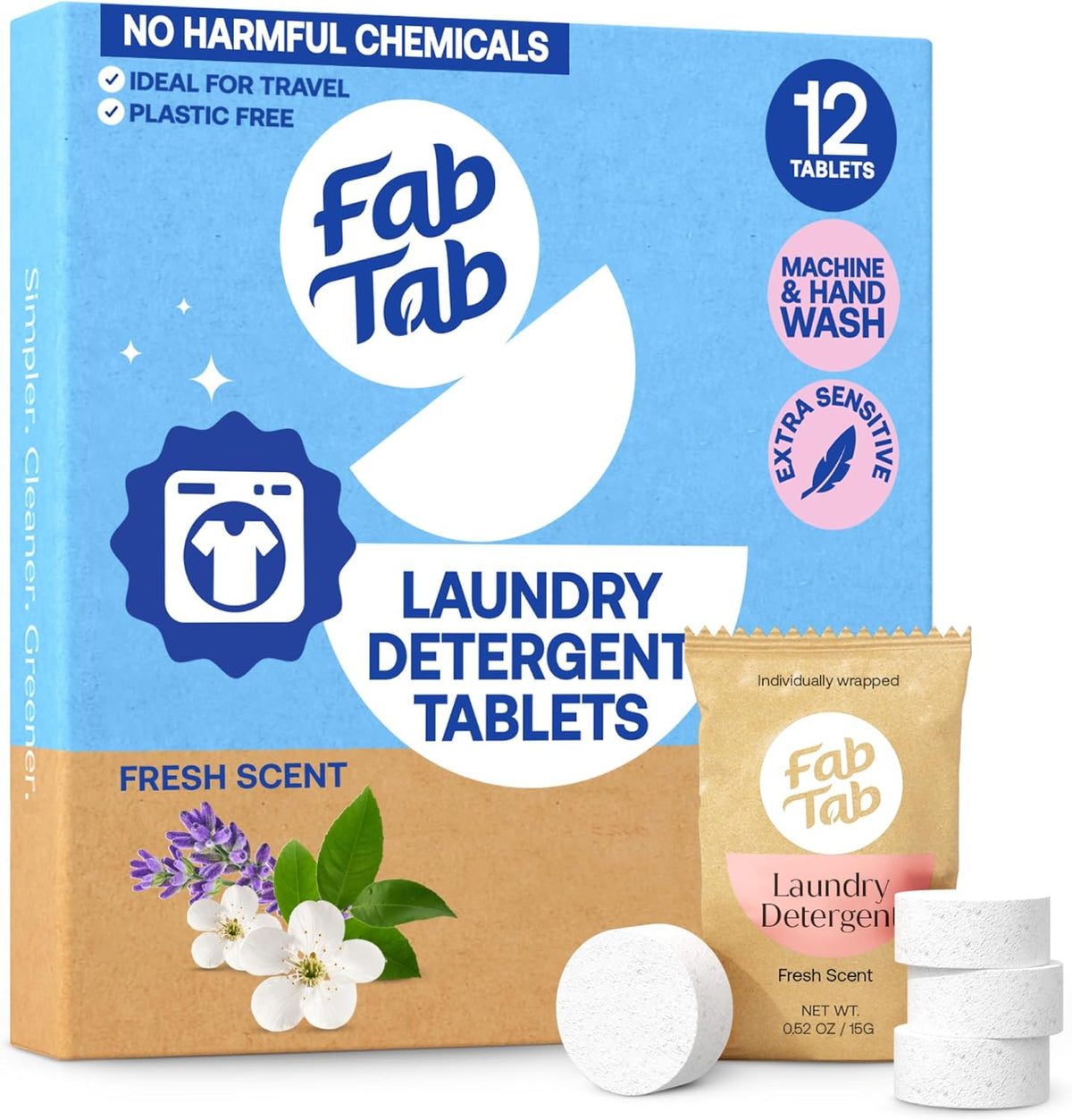 Fab Tab Laundry Detergent Tablets, Plant-Based Formula, Removes Tough Stains, Plastic-Free