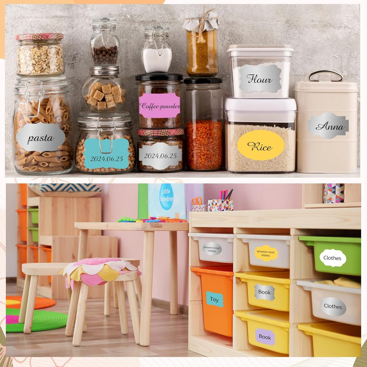 Silver Labels Stickers, 250 PCS 3" x 2" Fancy Shape Stickers Labels for Storage Box or Food Jars