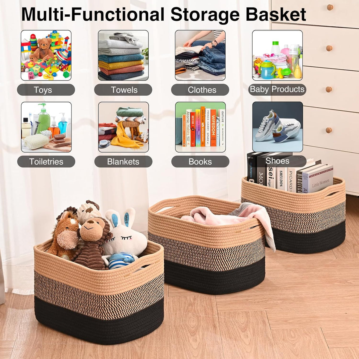 Storage Baskets for Organizing Shelves, Decorative Baskets for Storage, Woven Cotton Rope Basket