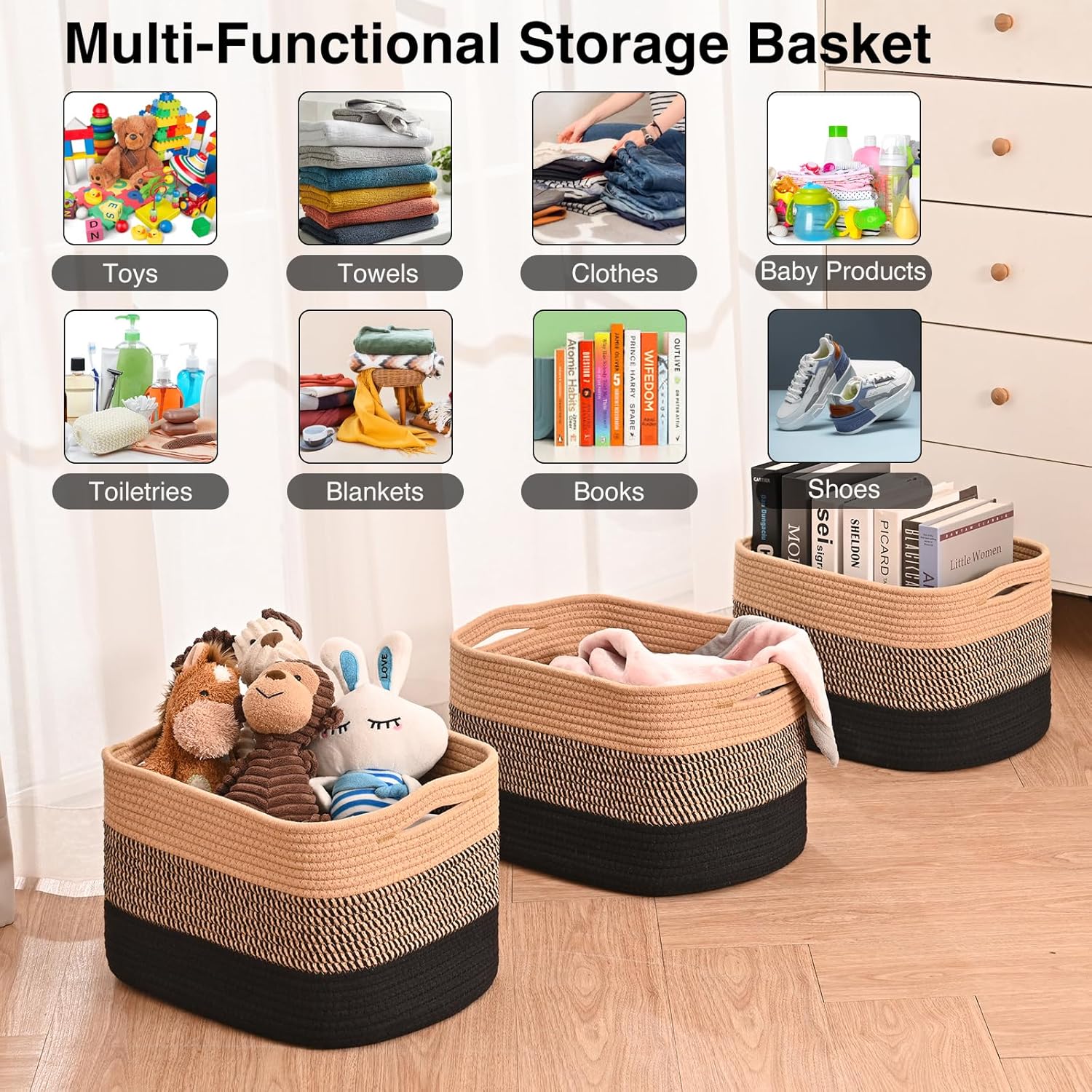 Storage Baskets for Organizing Shelves, Decorative Baskets for Storage, Woven Cotton Rope Basket