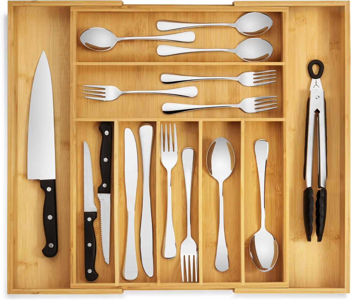 Purawood Bamboo Drawer Organizer - Expandable Silverware Organizer & Utensil Drawer Organizer