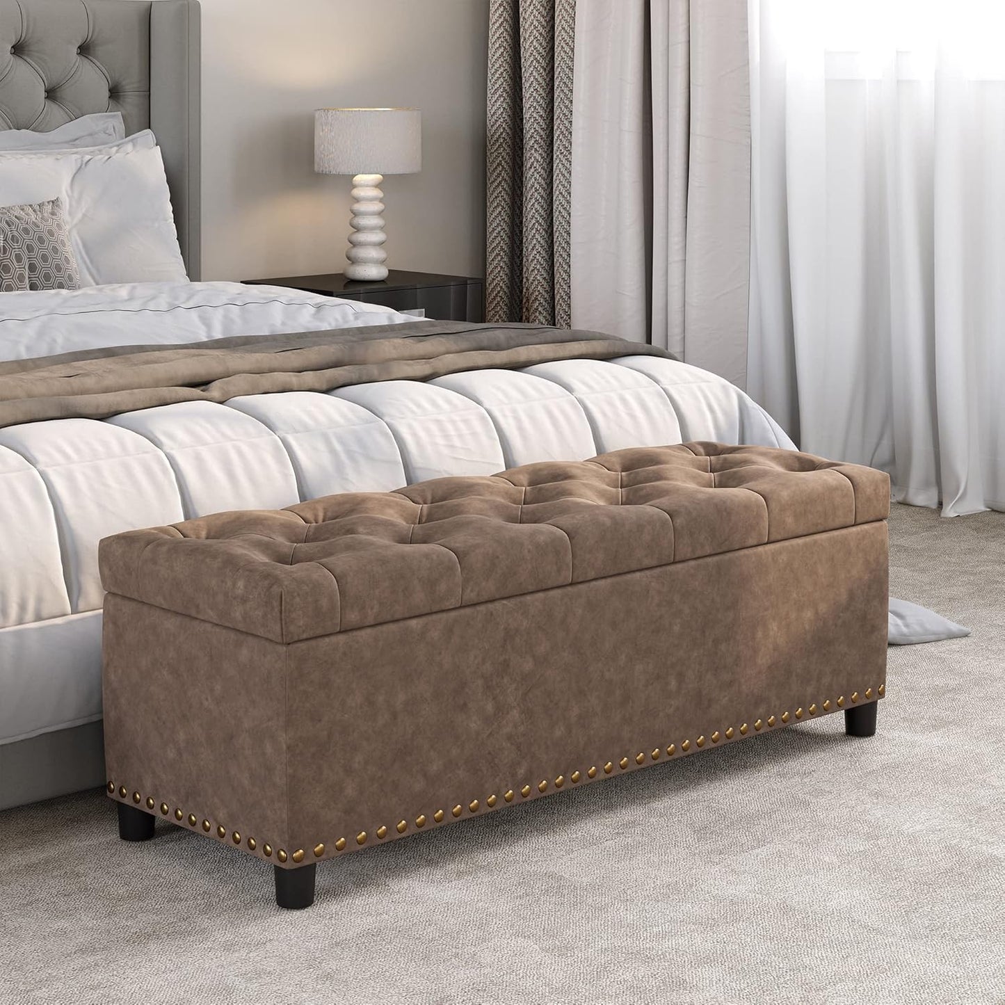 BELLEZE 47" Storage Ottoman, Storage Bench with Safety Close Hinge, Faux Leather Button-Tufted