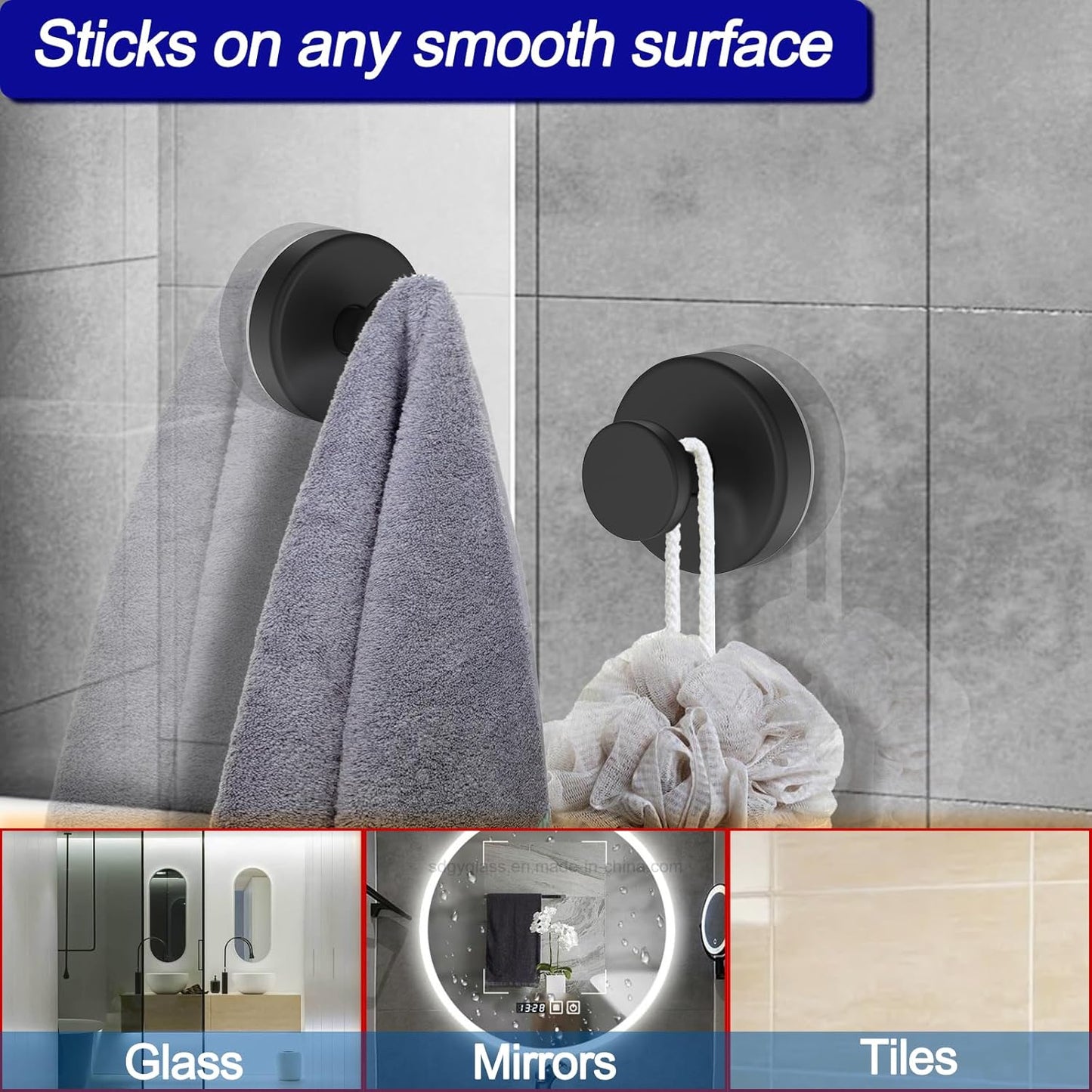 Suction Cup Hooks for Shower, Removable Towel Hooks for Bathroom Window Glass Door Wall, Bath Robe