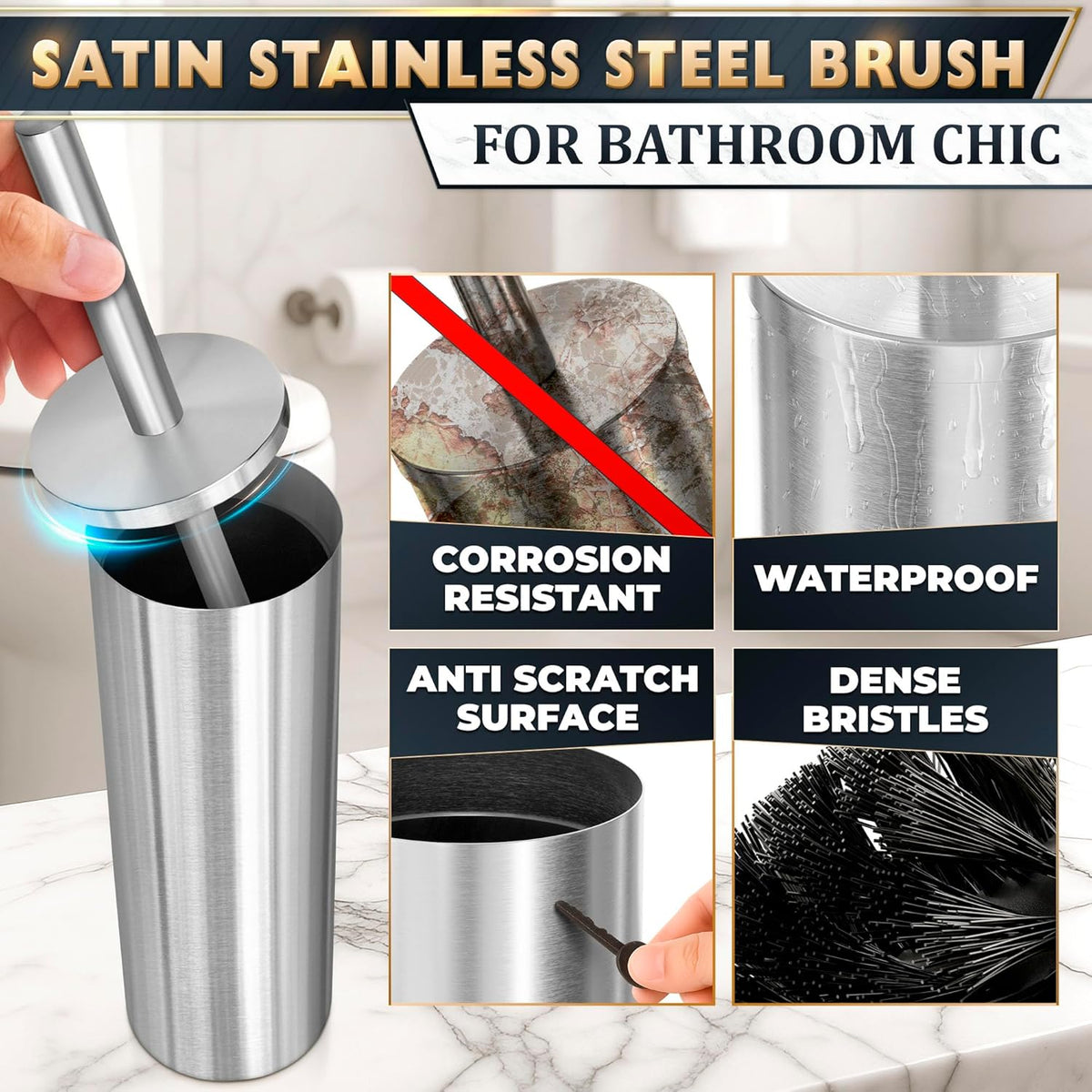Stylish Stainless Steel Toilet Brush and Holder Set - Silver Toilet Bowl Brush and Holder with
