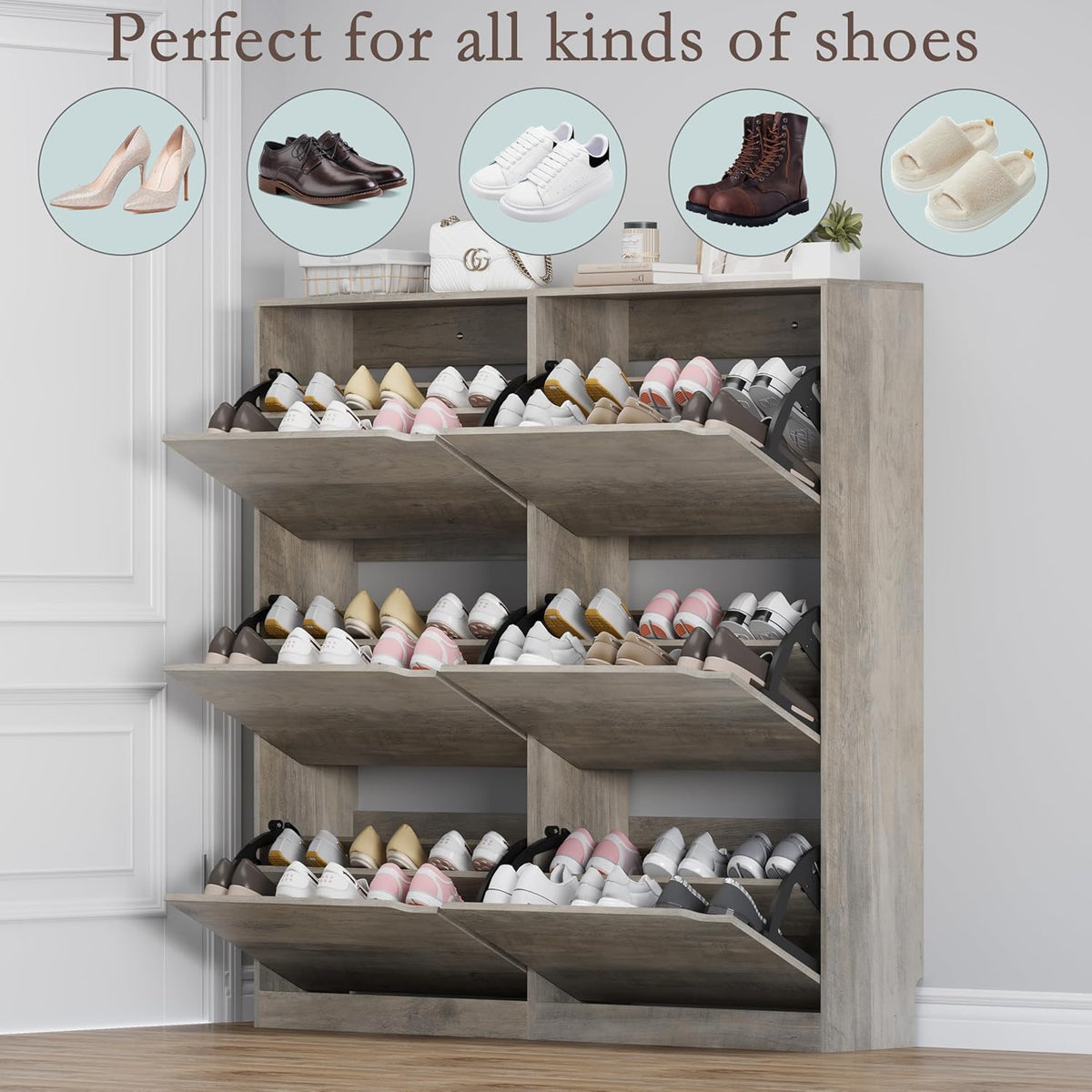 Shoe Cabinet with 6 Flip Drawers, Slim Narrow Shoe Storage Cabinet, Freestanding Shoe Organizer for