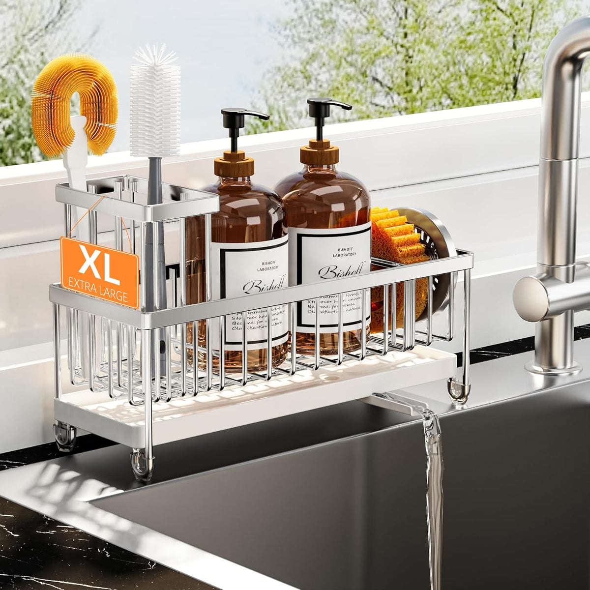 Cisily Extra Large Silver Sponge Holder for Kitchen Sink, Sink Caddy Organizer with High Brush