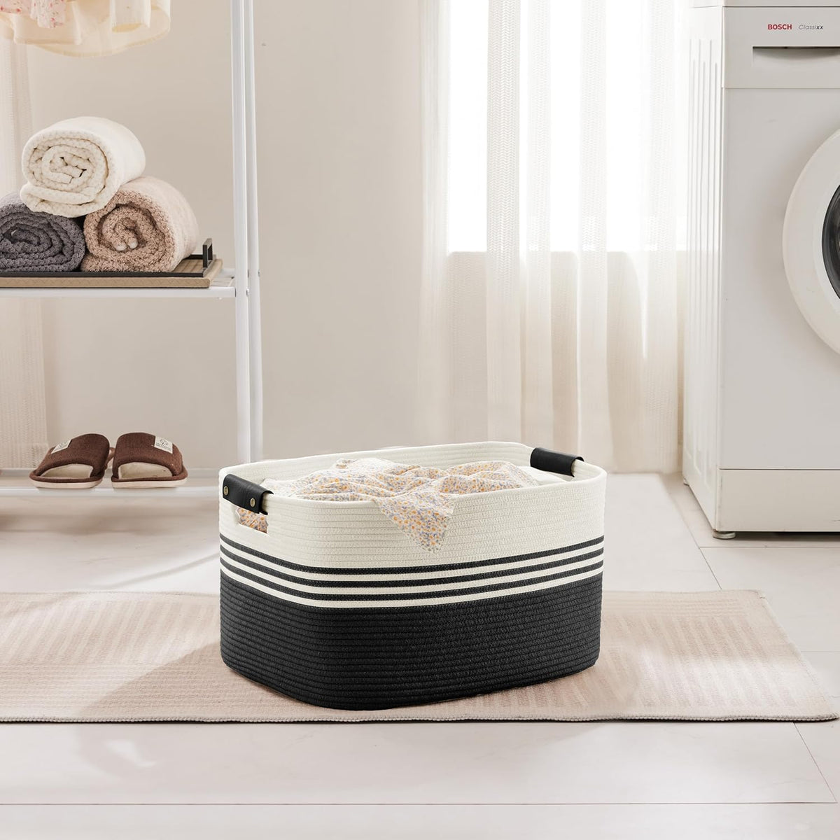 45L Small Laundry Basket with Leather Handles for Living Room Storage, Woven Rope Baskets Bin for