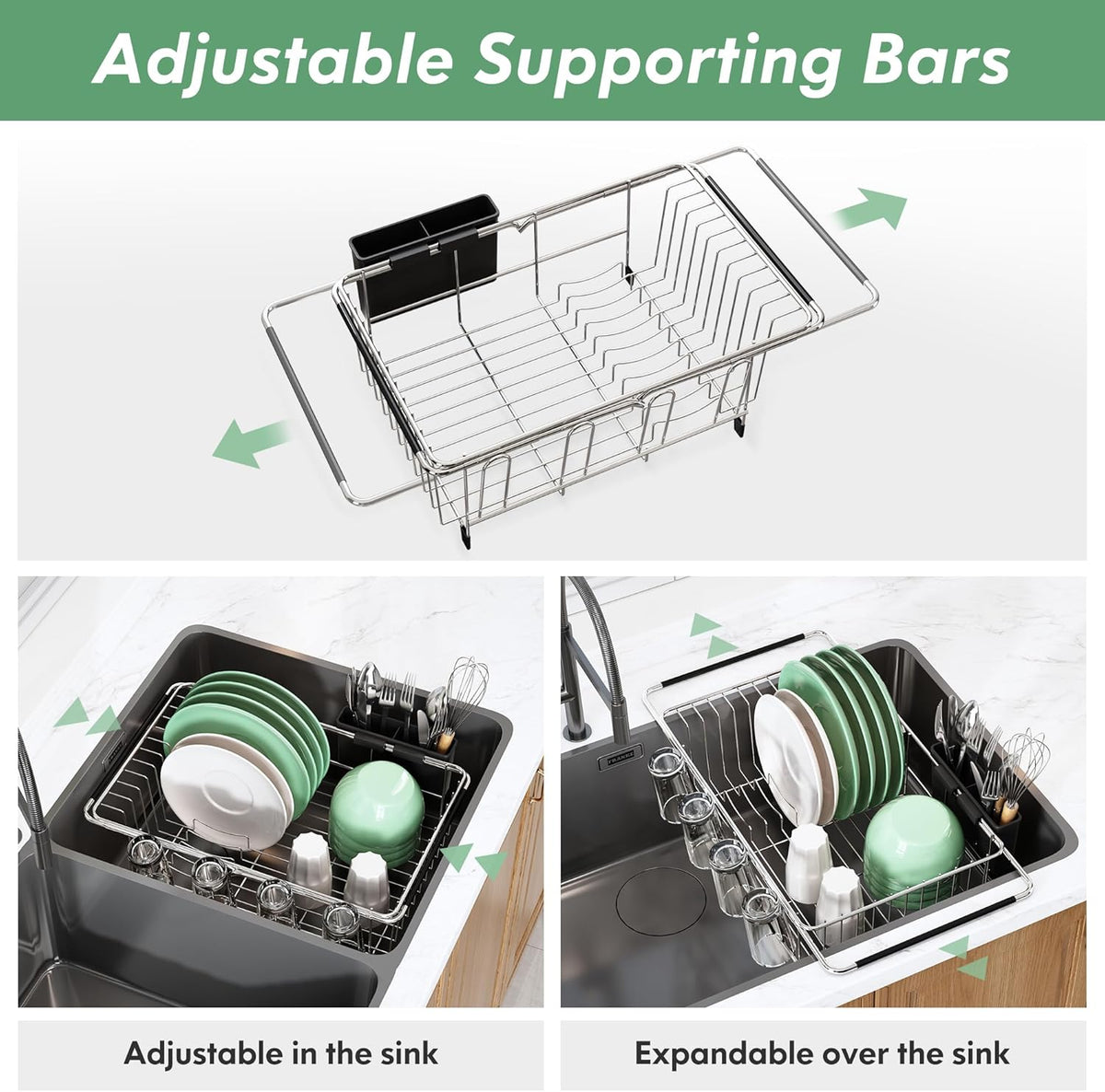 Over The Sink Expandable Dish Drainer Drying Rack in Stainless Steel for Small Kitchen, Counter