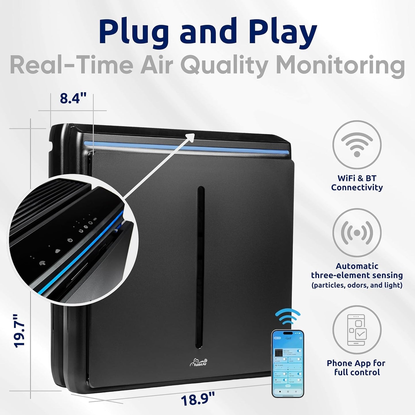 Rabbit Air, A3 SPA-1000N Air Purifiers for Home, Ultra Quiet HEPA Air Purifier - Wall Mountable Air