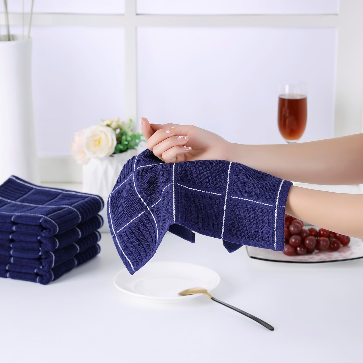 Glynniss Kitchen Towels and Dishcloths Set, Four Kitchen Dish Towels 16x26 Inches, Four Absorbent