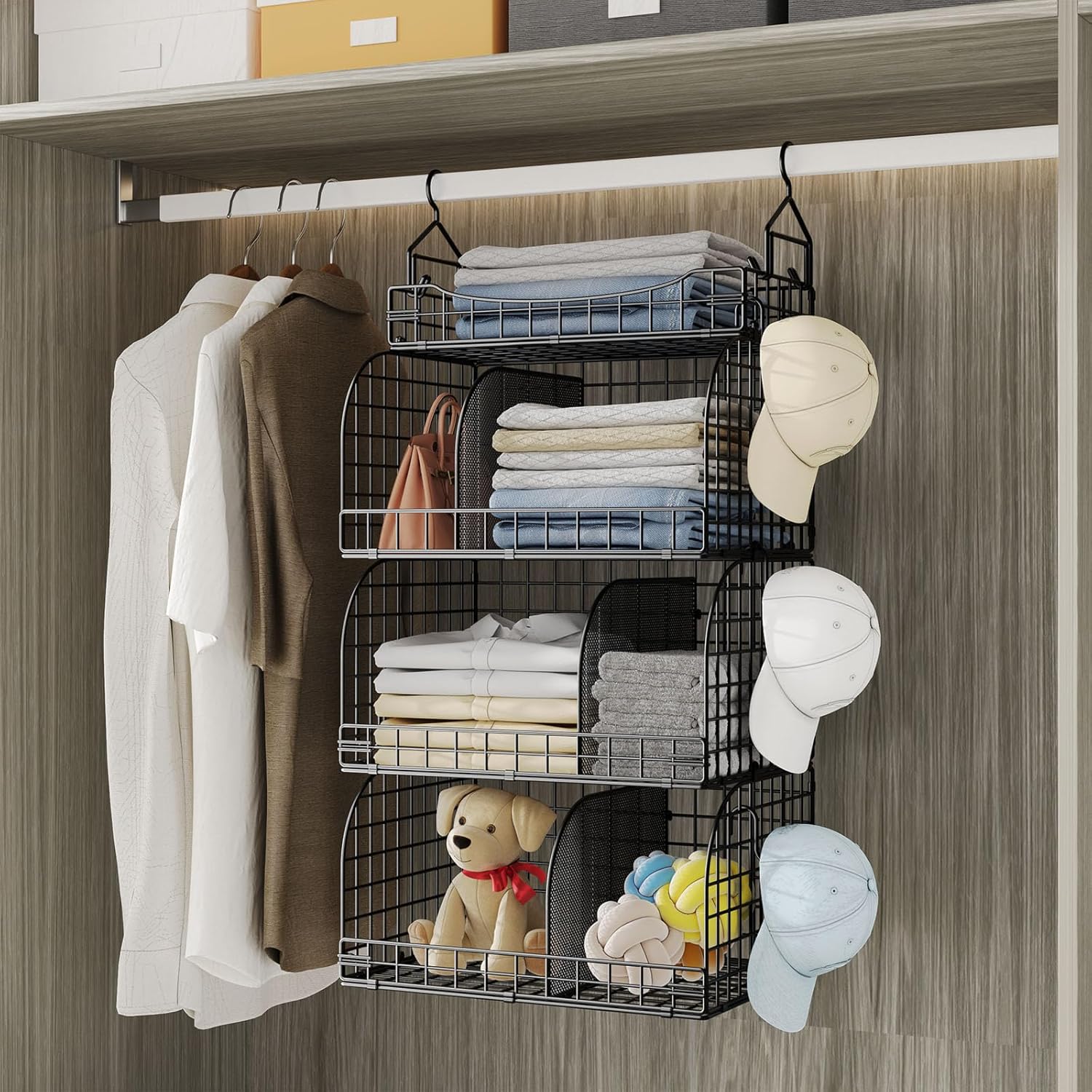 HapiRm Hanging Closet Organizer Storage - 4 Tier Metal Stackable Hanging Closet Shelves with