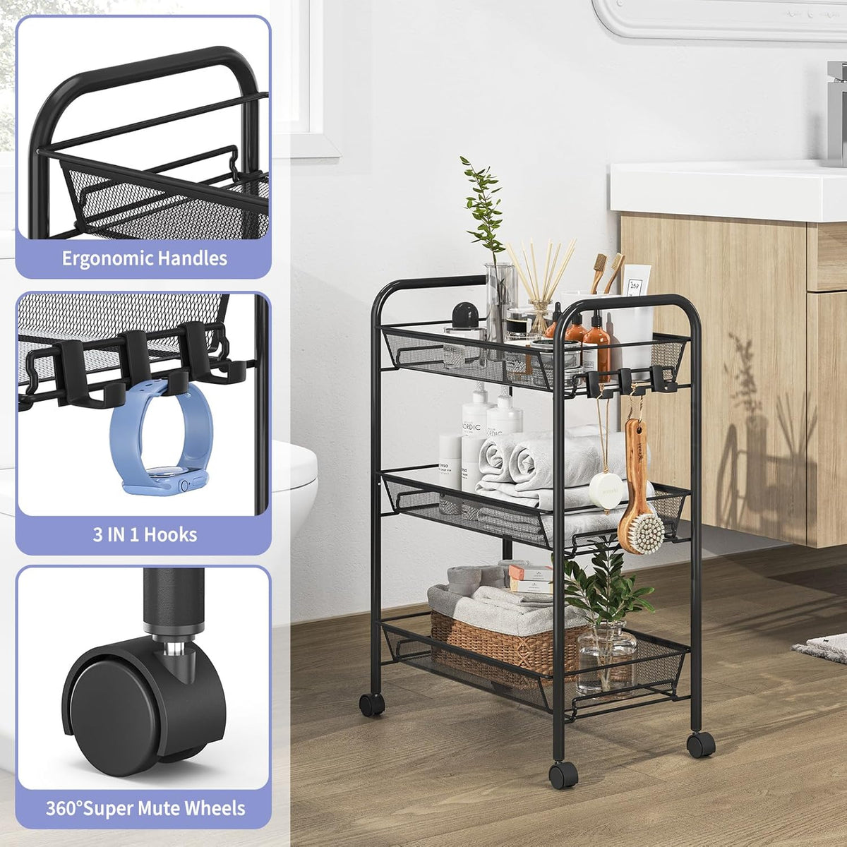 TOOLF 3-Tier Metal Rolling Cart, Mesh Wire Easy Assemble Utility Cart, Storage Trolley on Wheels
