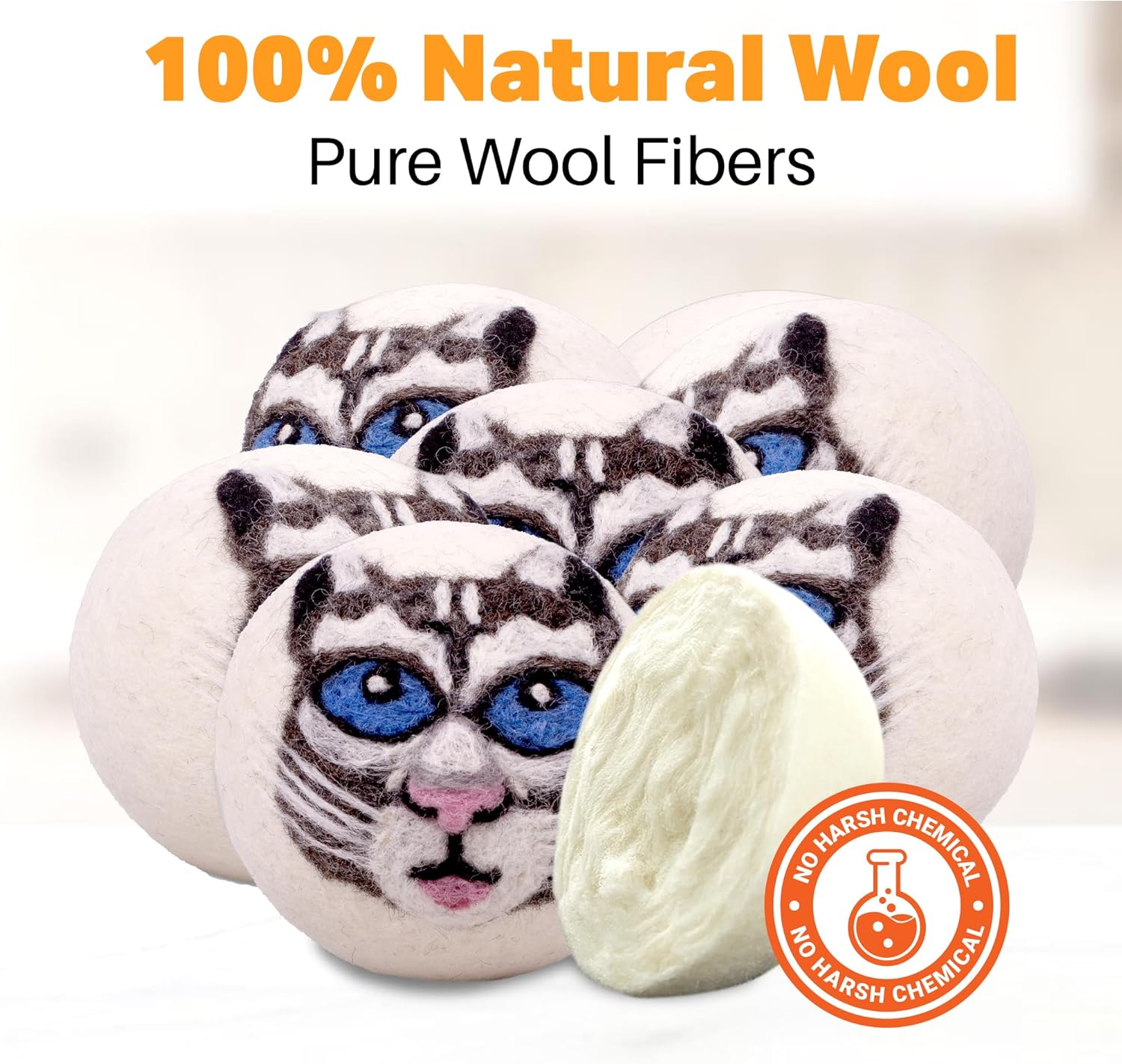 Wool Dryer Balls Organic Felt 6 Pack Laundry Fabric Softener, Extra Large Reusable Handmade Natural